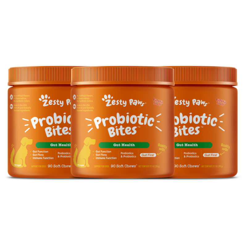 Three orange Zesty Paw probiotic bite containers with orange lids, each containing 90 soft chews.