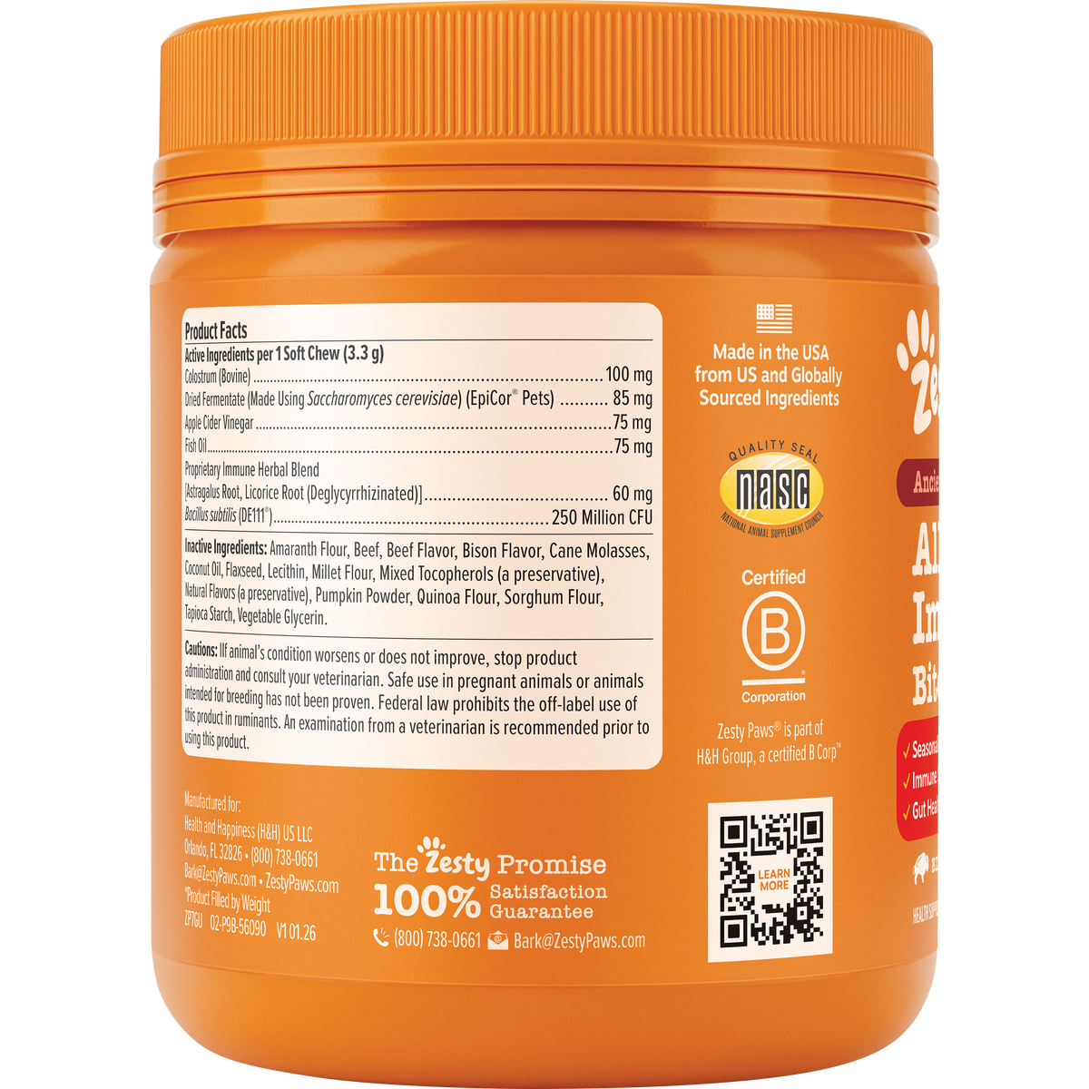 Orange plastic jar with ribbed cap containing dog supplement chews, labeled with product facts and ingredient information.