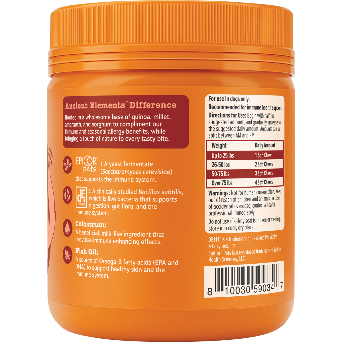 Orange plastic jar with orange ridged cap containing dog treats, with product information and dosage chart on label.