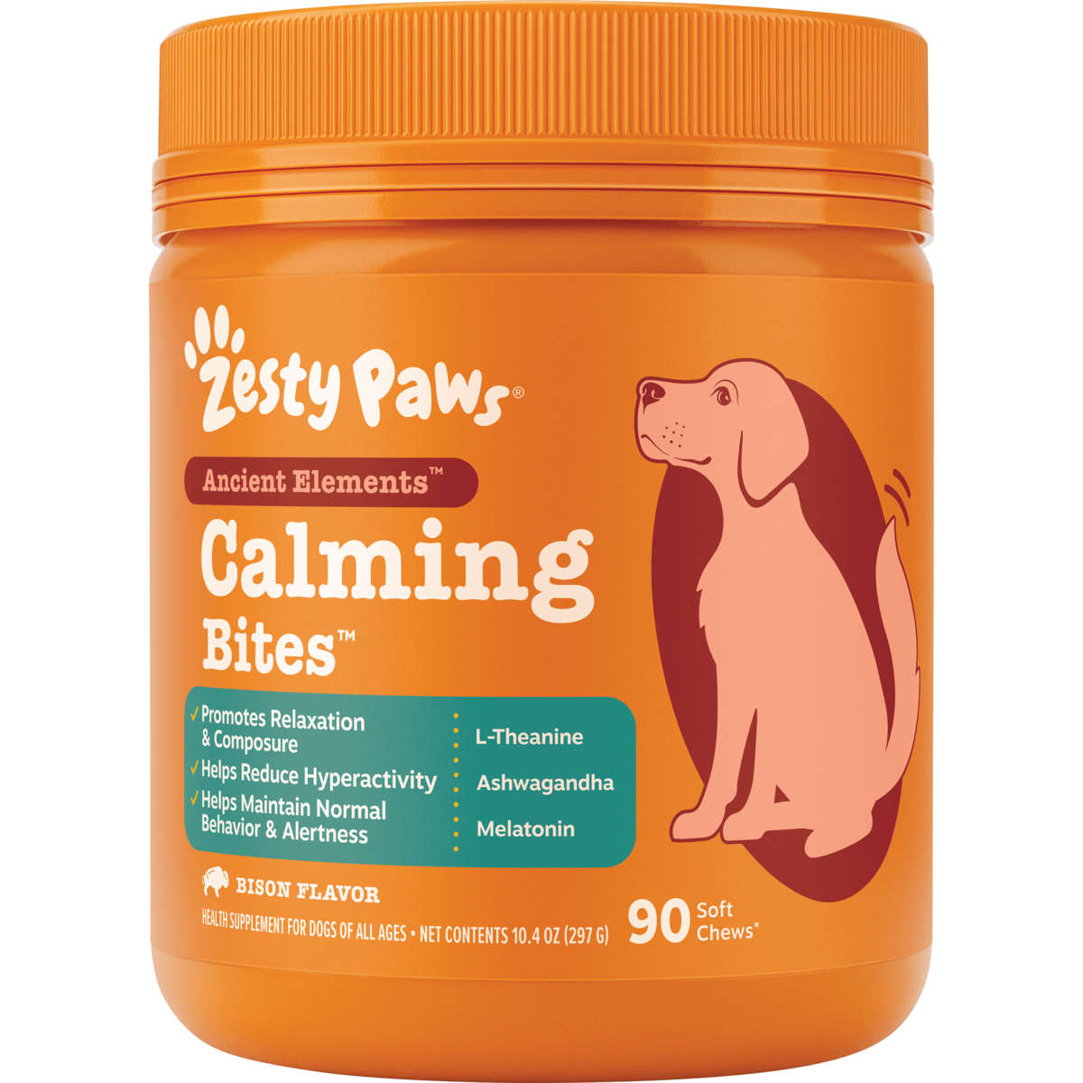 Orange jar of Zesty Paws Calming Bites dog treats with illustrated dog, containing 90 soft chews.