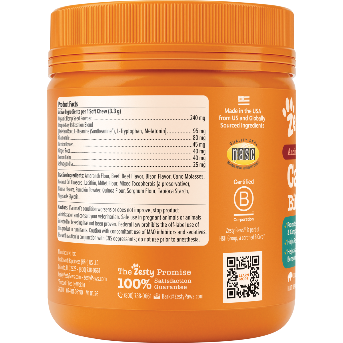 Orange jar of dog calming treats with ribbed cap, product facts label, and certification badges on front.