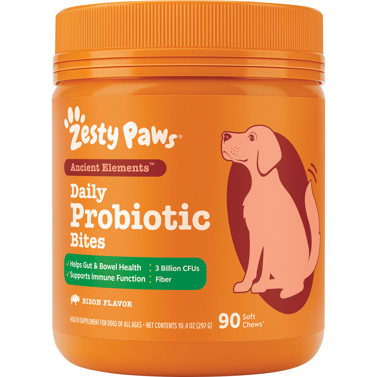 Orange jar of Zesty Paws Daily Probiotic Bites with white paw logo and illustration of brown and tan dog on label.