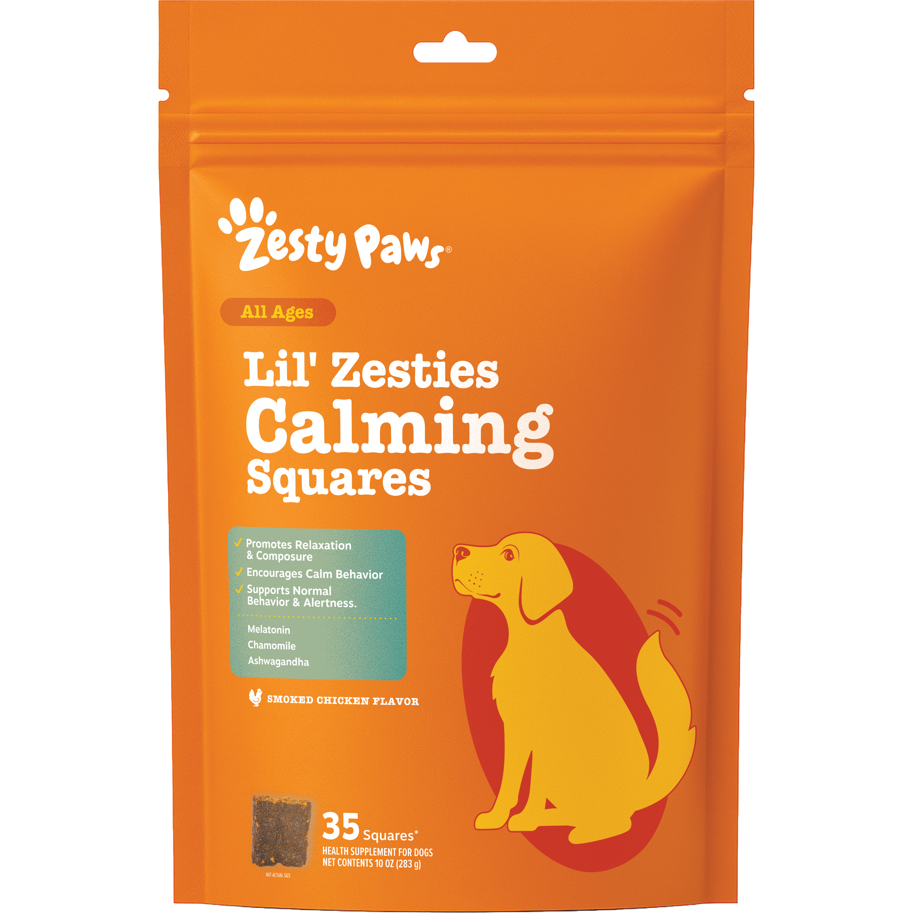 Orange resealable pouch of Zesty Paws Lil' Zesties Calming Squares dog treats with yellow and red dog illustration.