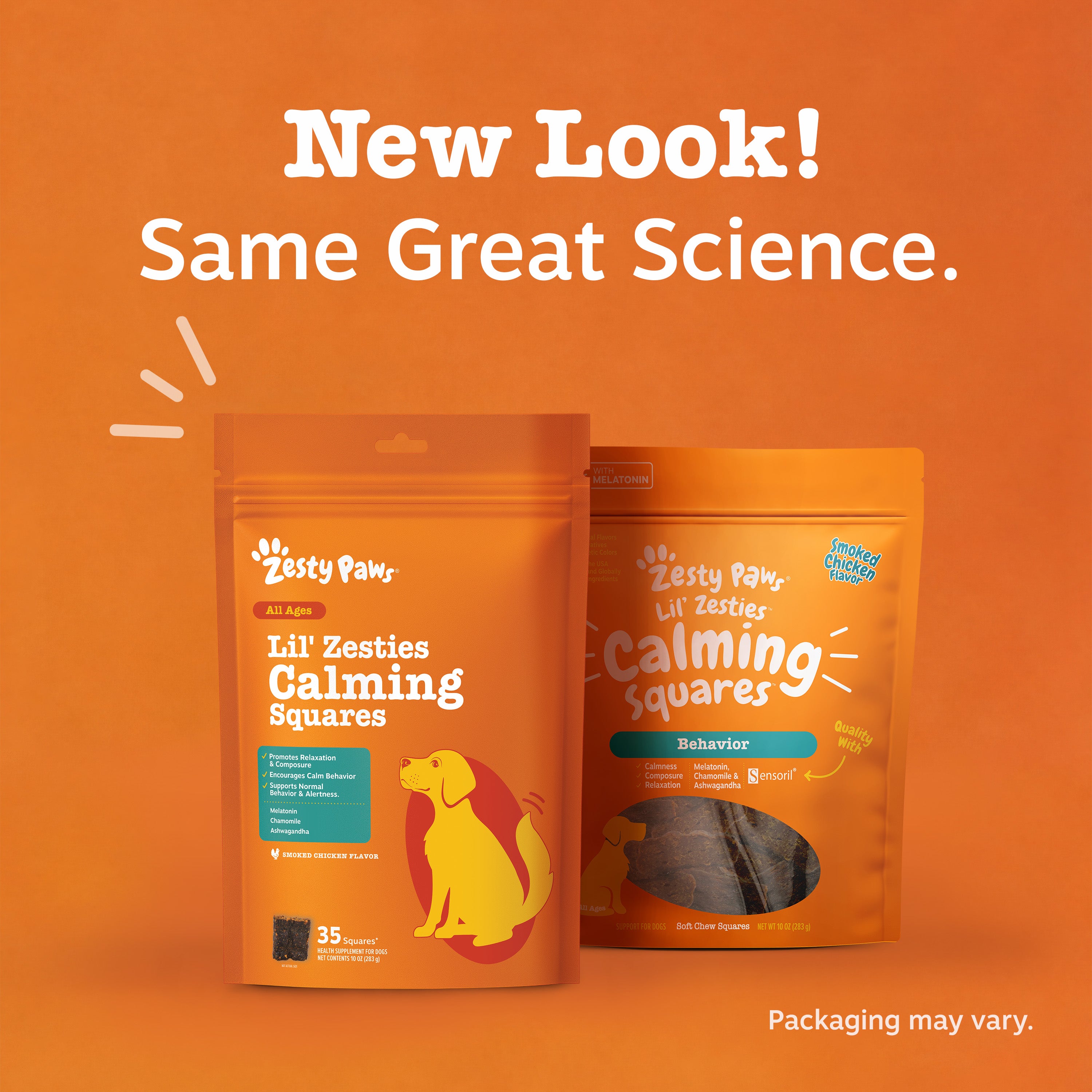 Two orange pouches of Lil' Zesties Calming Squares dog treats with yellow dog illustration and product details on packaging.