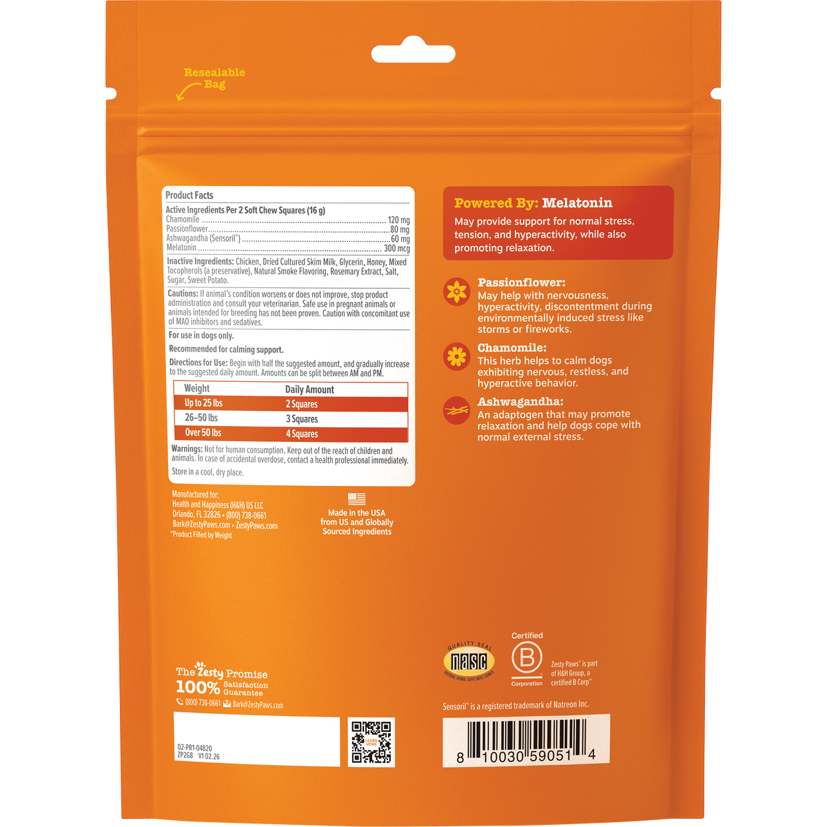 Orange resealable bag of square dog treats with product facts, ingredient information, and calming supplement details printed