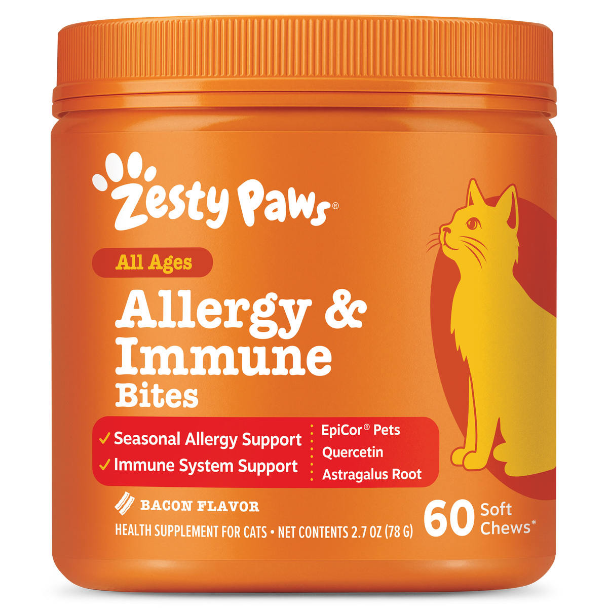 Orange jar of Zesty Paws Allergy & Immune Bites for cats with yellow cat illustration and bacon flavor label, 60 soft chews.