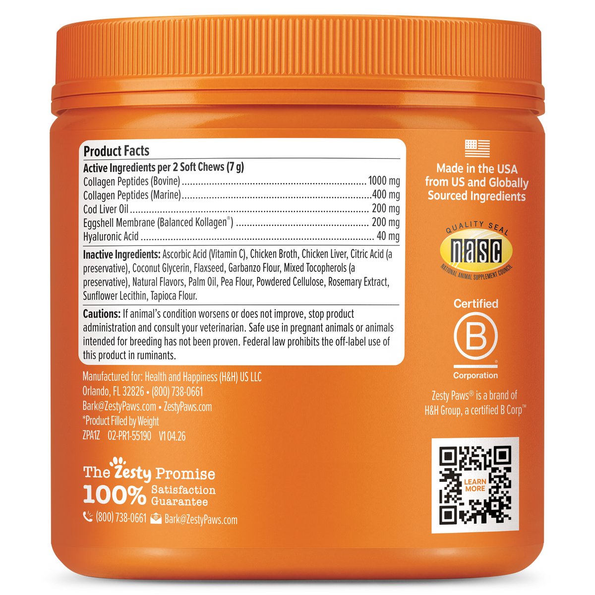 Orange jar of dog supplement soft chews with product facts label and ingredient list on front.