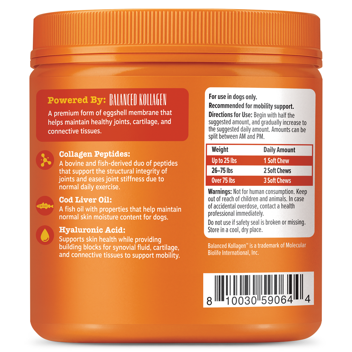 Orange jar of dog supplement chews with red and white labels listing ingredients and dosage instructions.