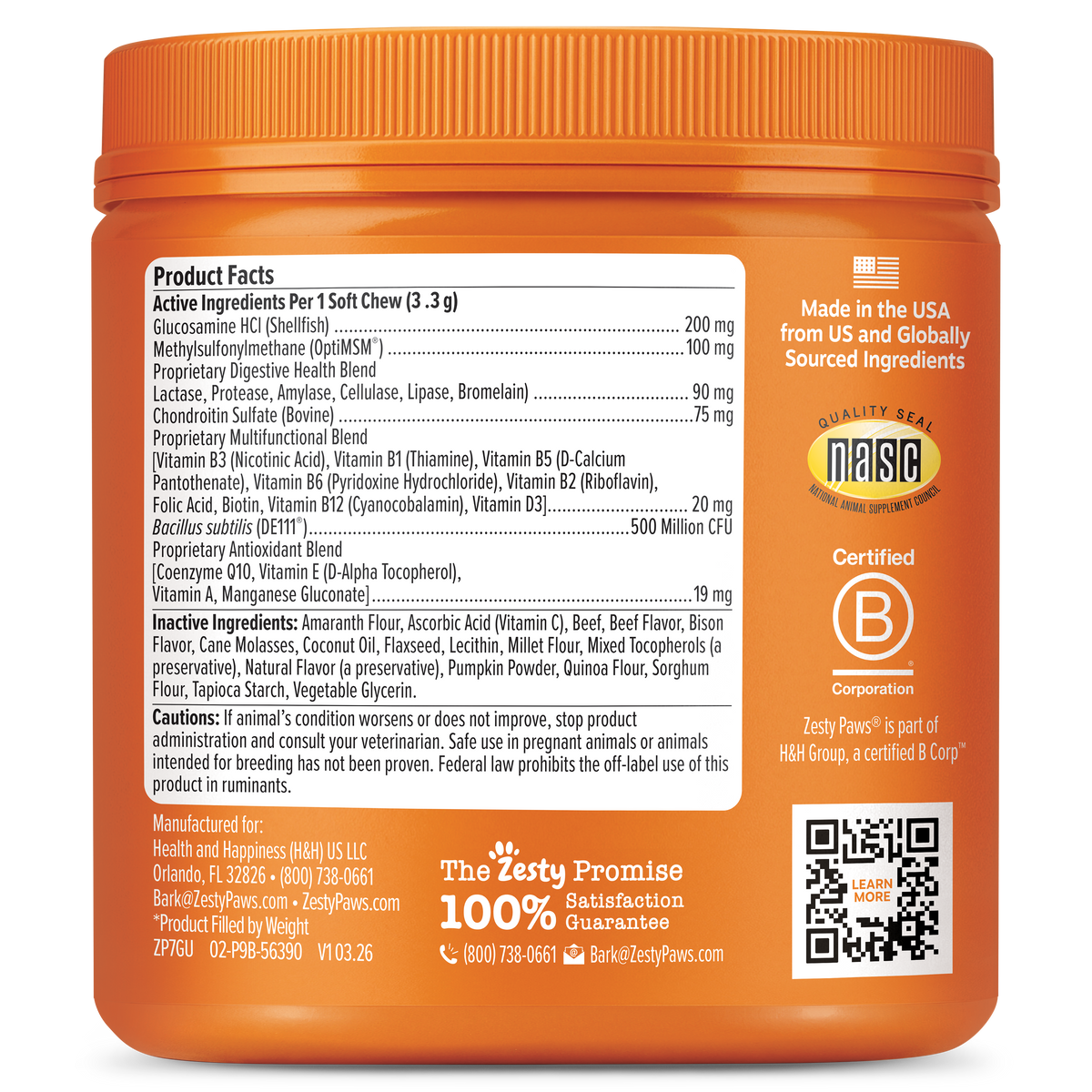 Orange jar of dog supplement chews with white label showing product facts, ingredients, and certification seals.