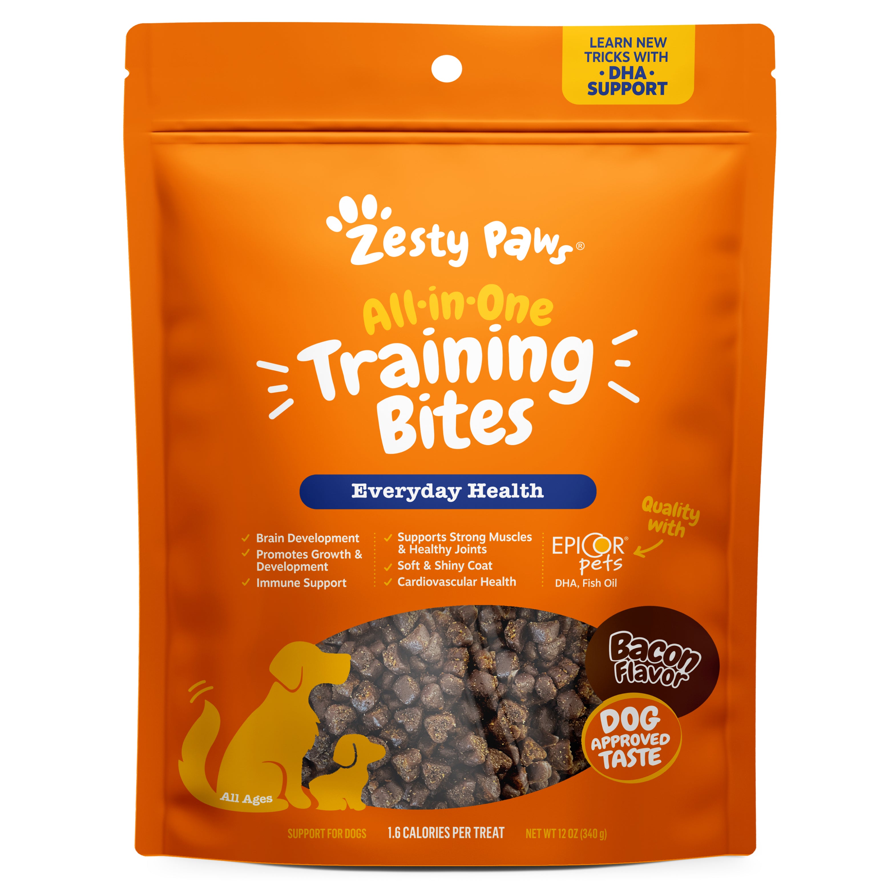 Orange Zesty Paw training bites package with beef-flavored small brown treats visible in window display.