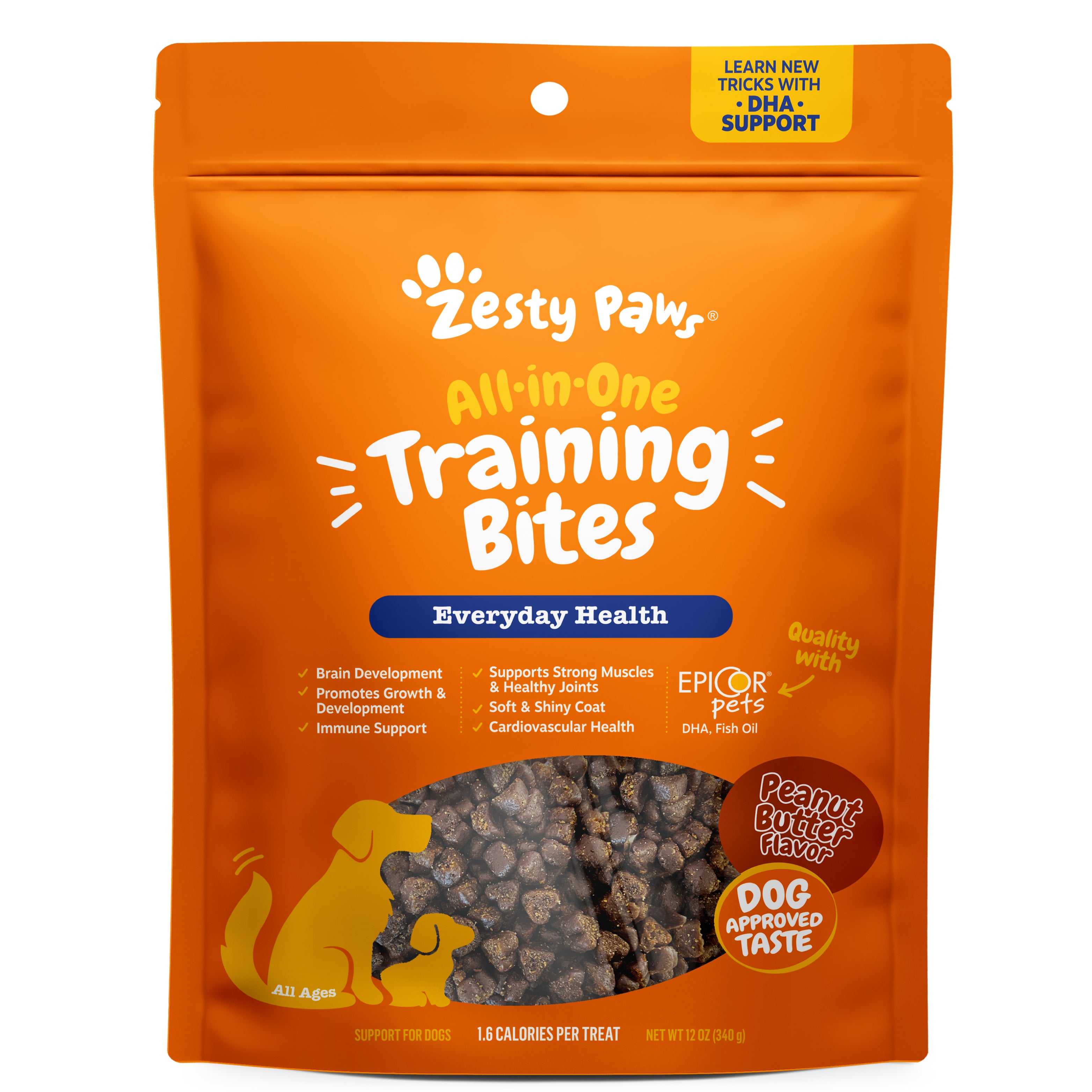 Orange Zesty Paw training bite treats package with peanut butter flavor and DHA support for dogs of all ages.