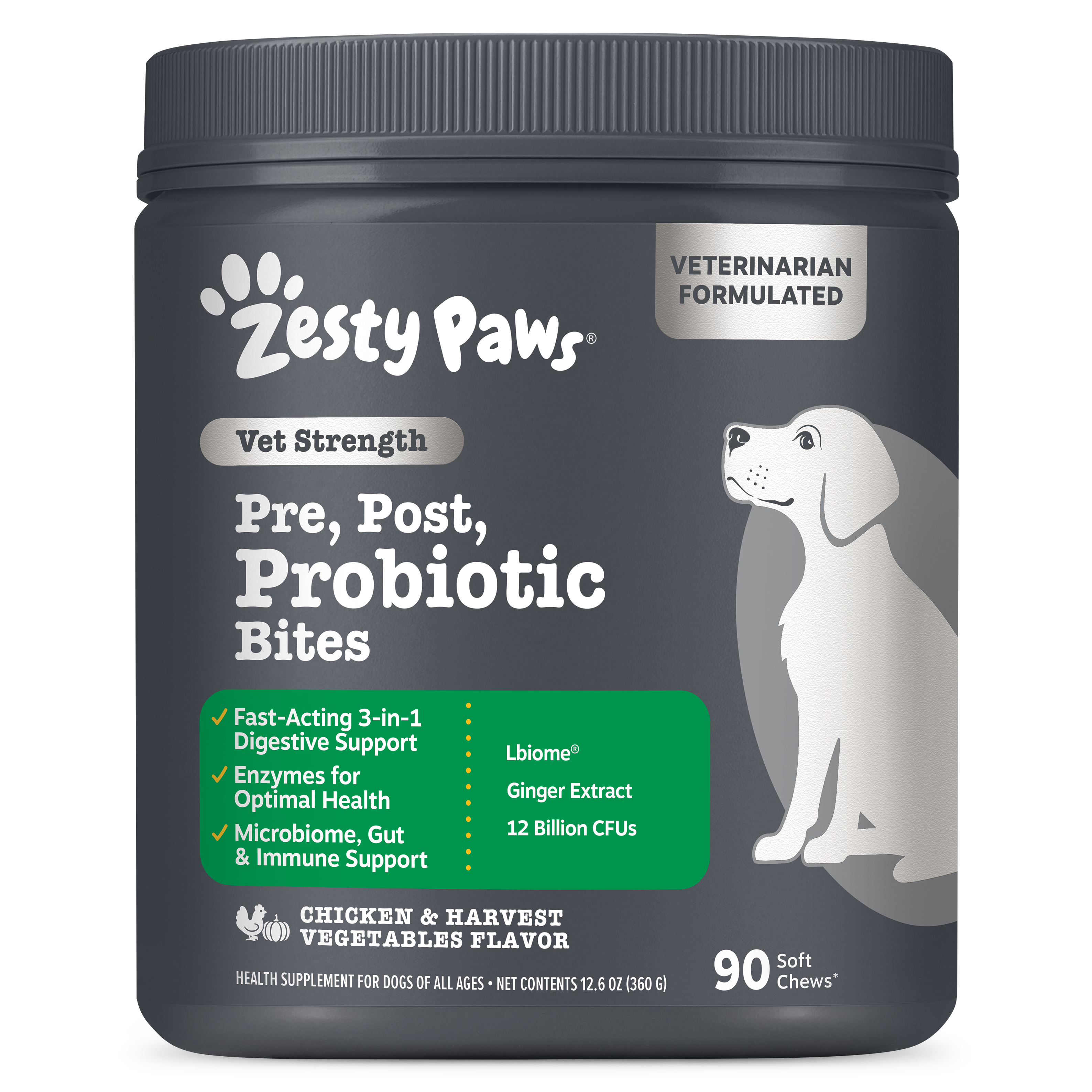 Dark gray jar of Zesty Paws Vet Strength Pre, Post, Probiotic Bites with white dog illustration and green label highlighting