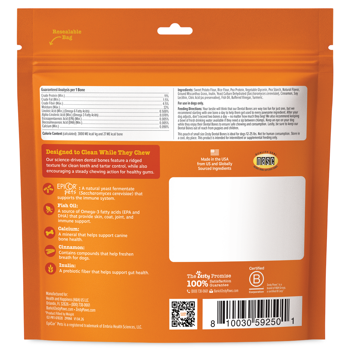 Orange resealable bag of small dental bones for dogs with nutritional information, ingredient list, and product features disp