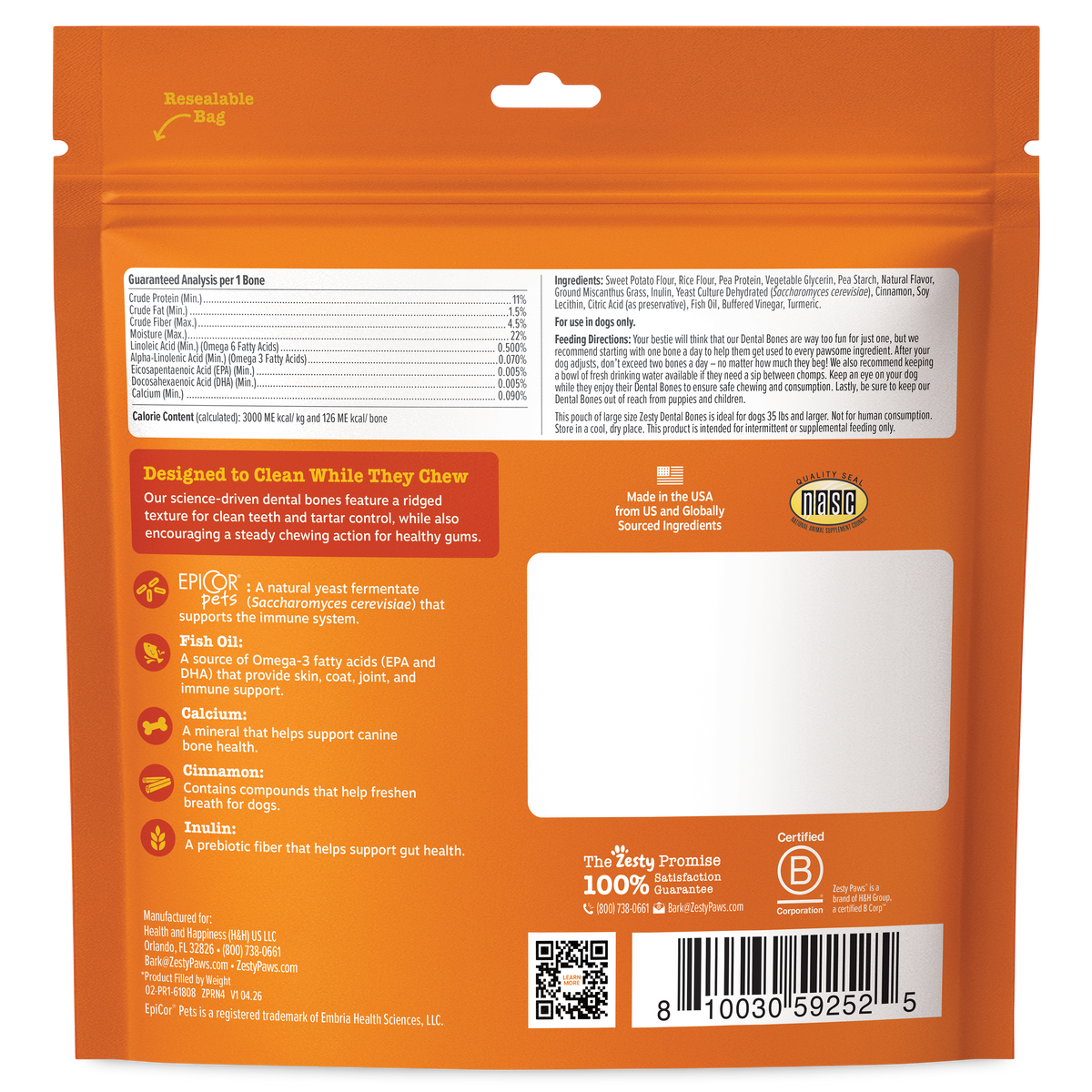 Orange resealable bag of large dental bones for dogs with ridged texture, ingredient list, and product information on front.