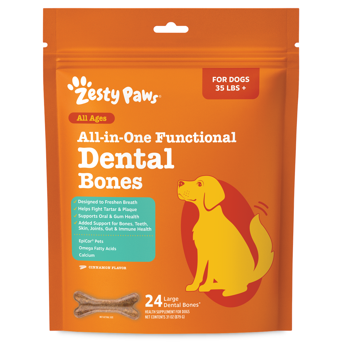 Orange Zesty Paws dental bones package for large dogs 35 lbs and up, containing 24 bone-shaped treats.