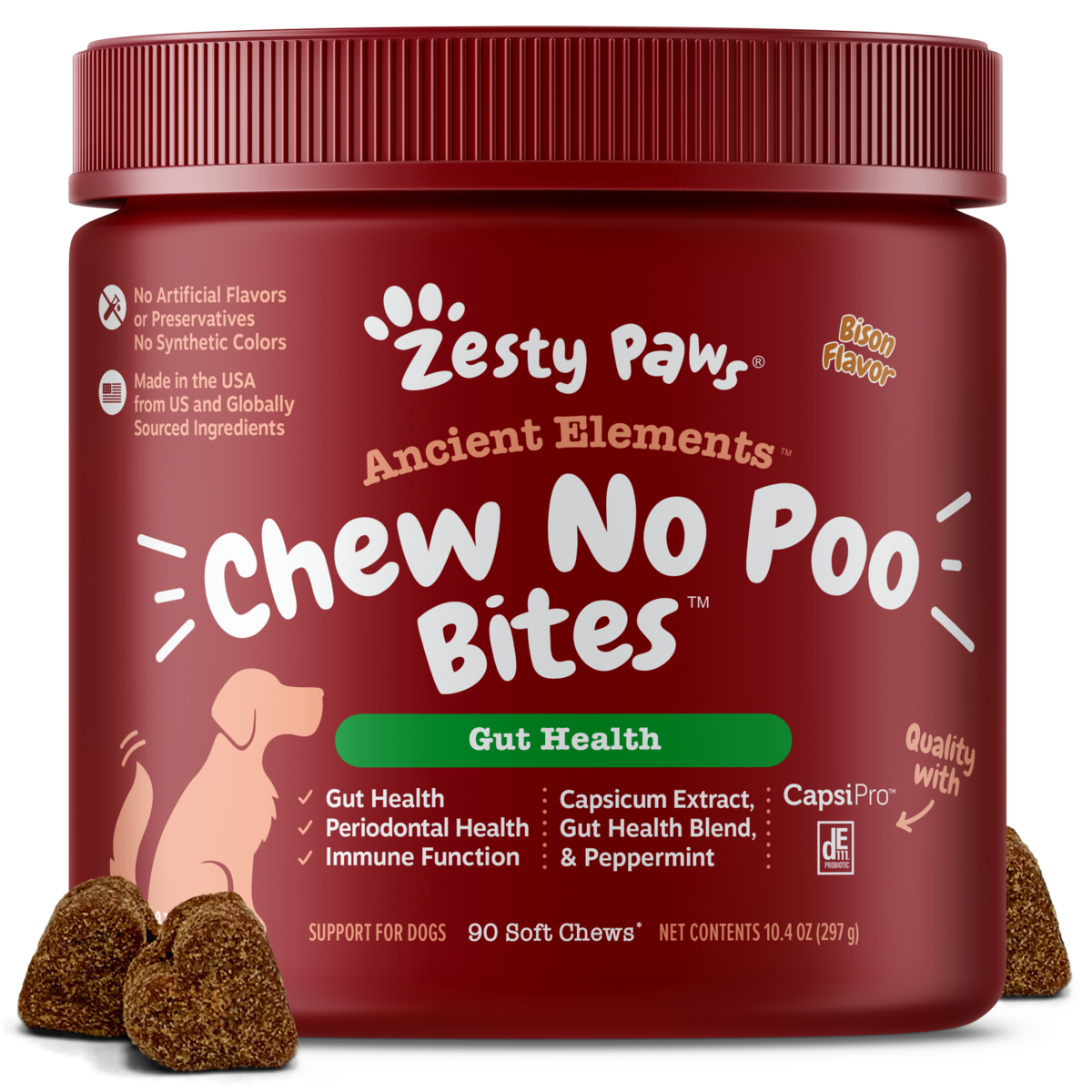 Red jar of Zesty Paws Ancient Elements Chew No Poo Bites with brown soft chew treats displayed in front.