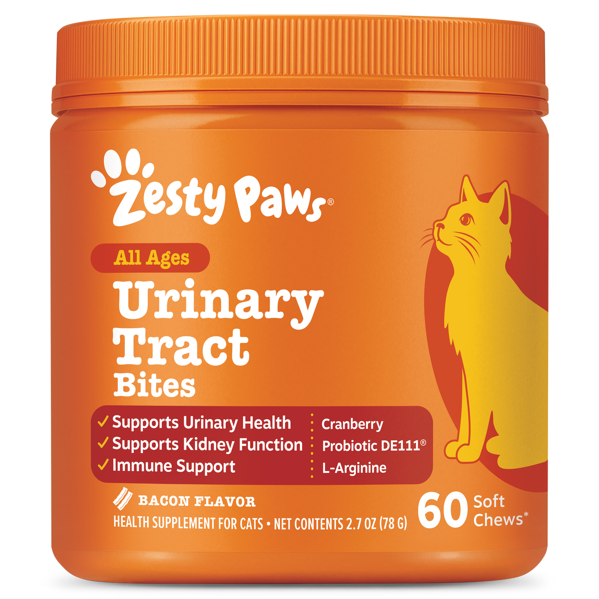 Orange jar of Zesty Paws Urinary Tract Bites for cats with yellow cat illustration and bacon flavor label.
