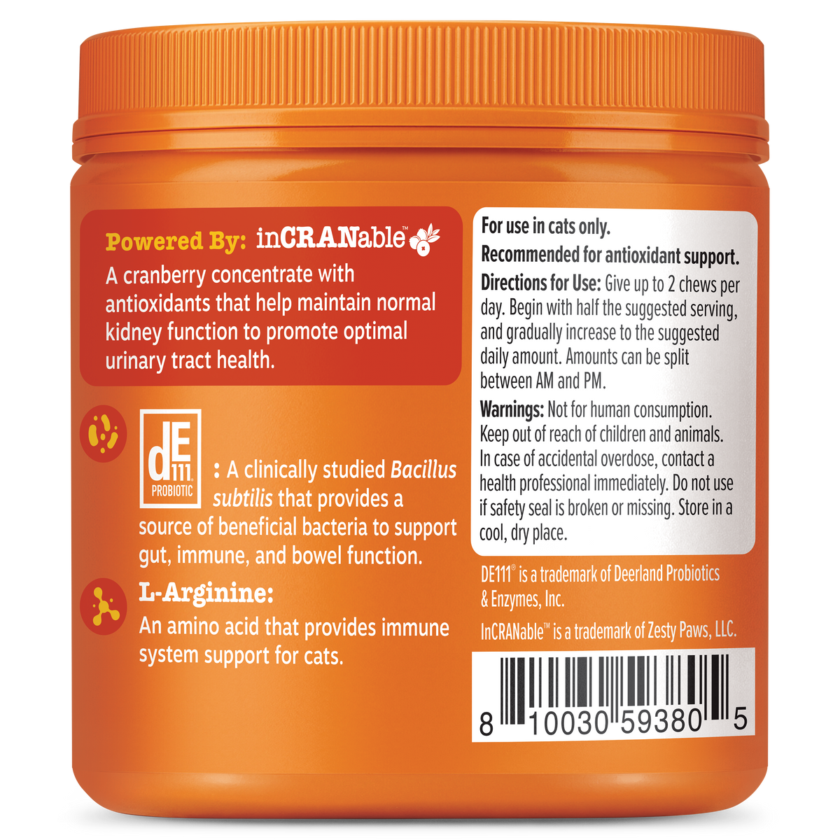 Orange jar of cat urinary tract support chews with red and white label displaying ingredients and usage instructions.