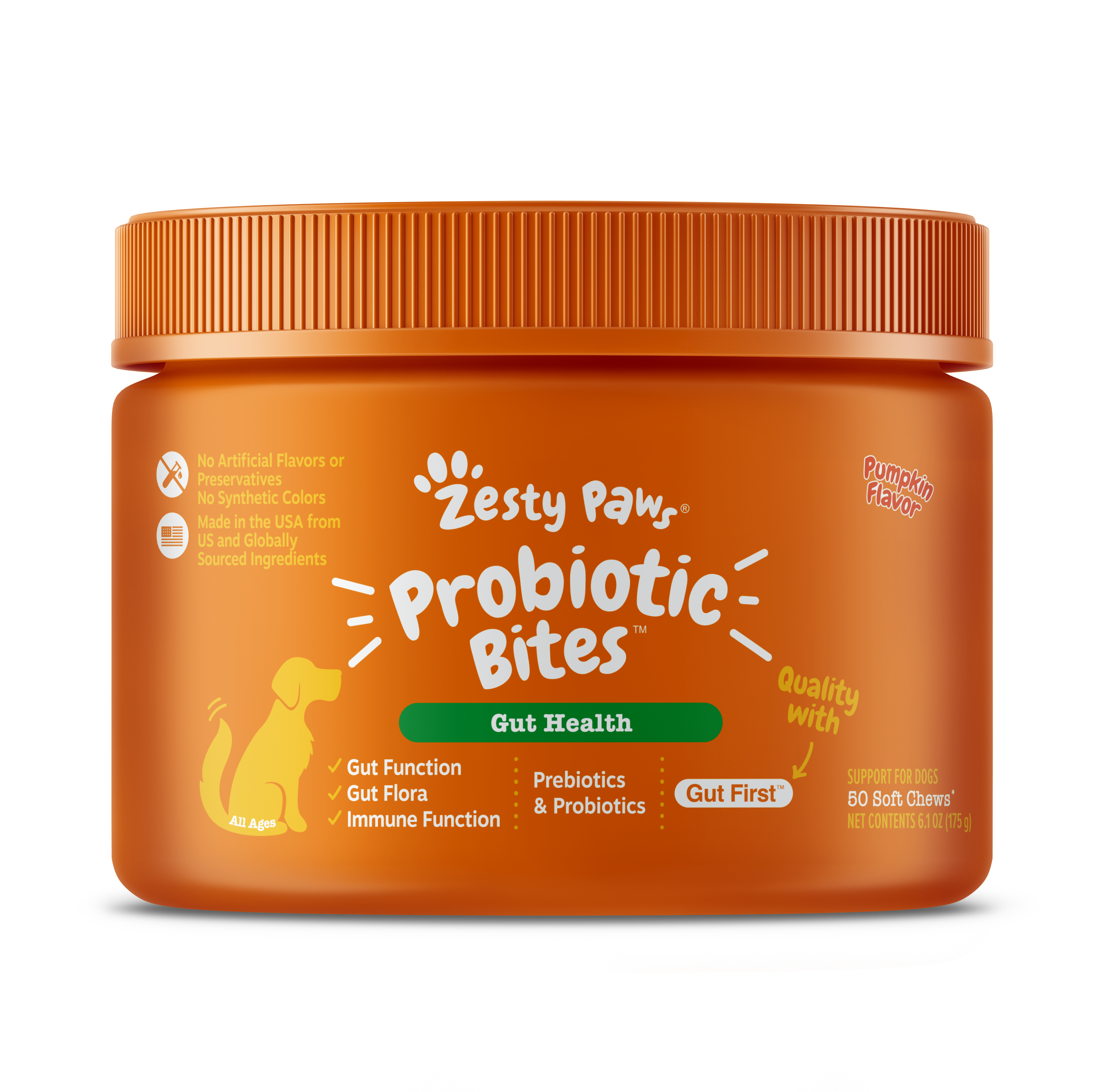 Orange bottle of Zesty Paw Probiotic Bites for dogs with pumpkin flavor, containing 80 soft chews.