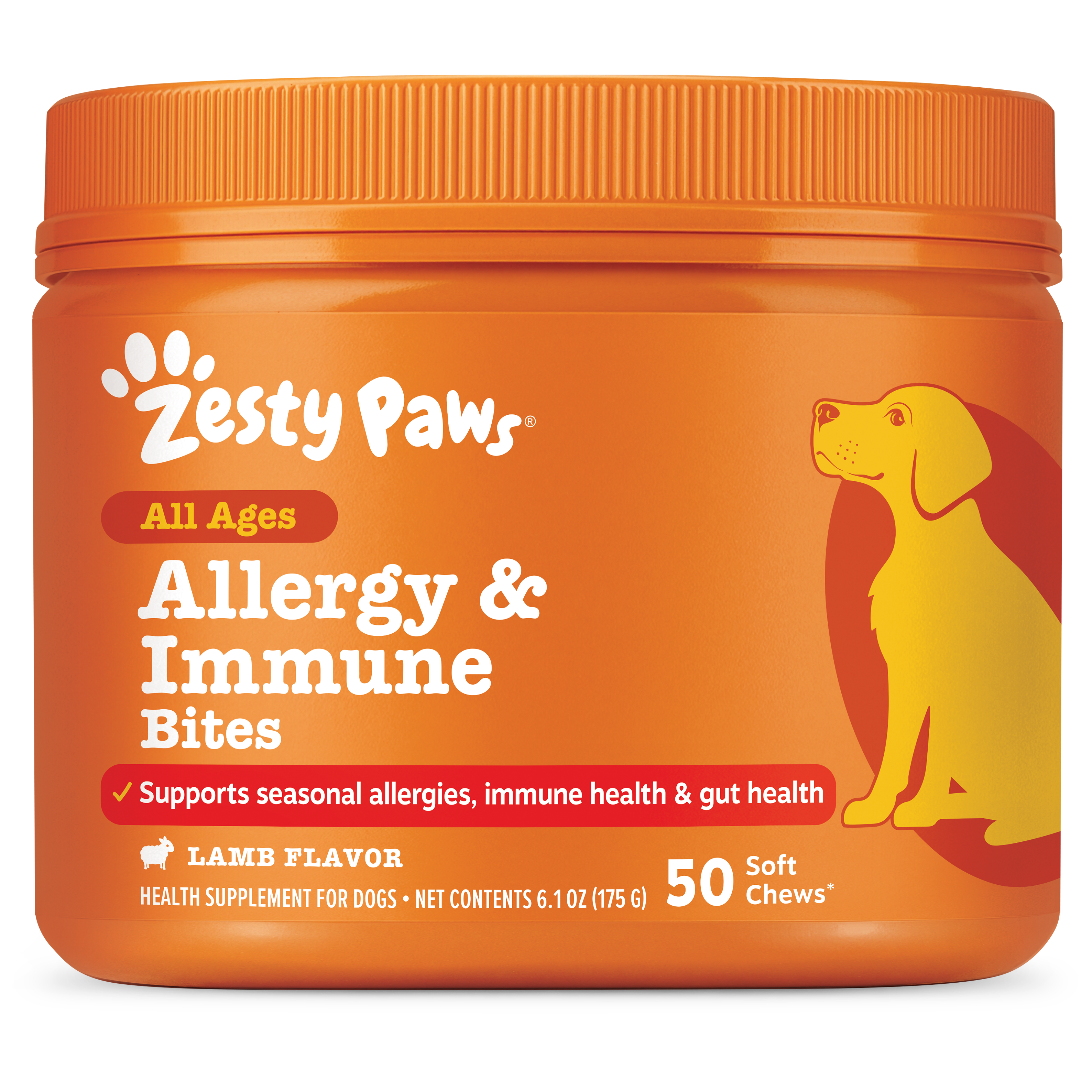 Orange jar of Zesty Paws Allergy & Immune Bites for dogs in lamb flavor, containing 50 soft chews.