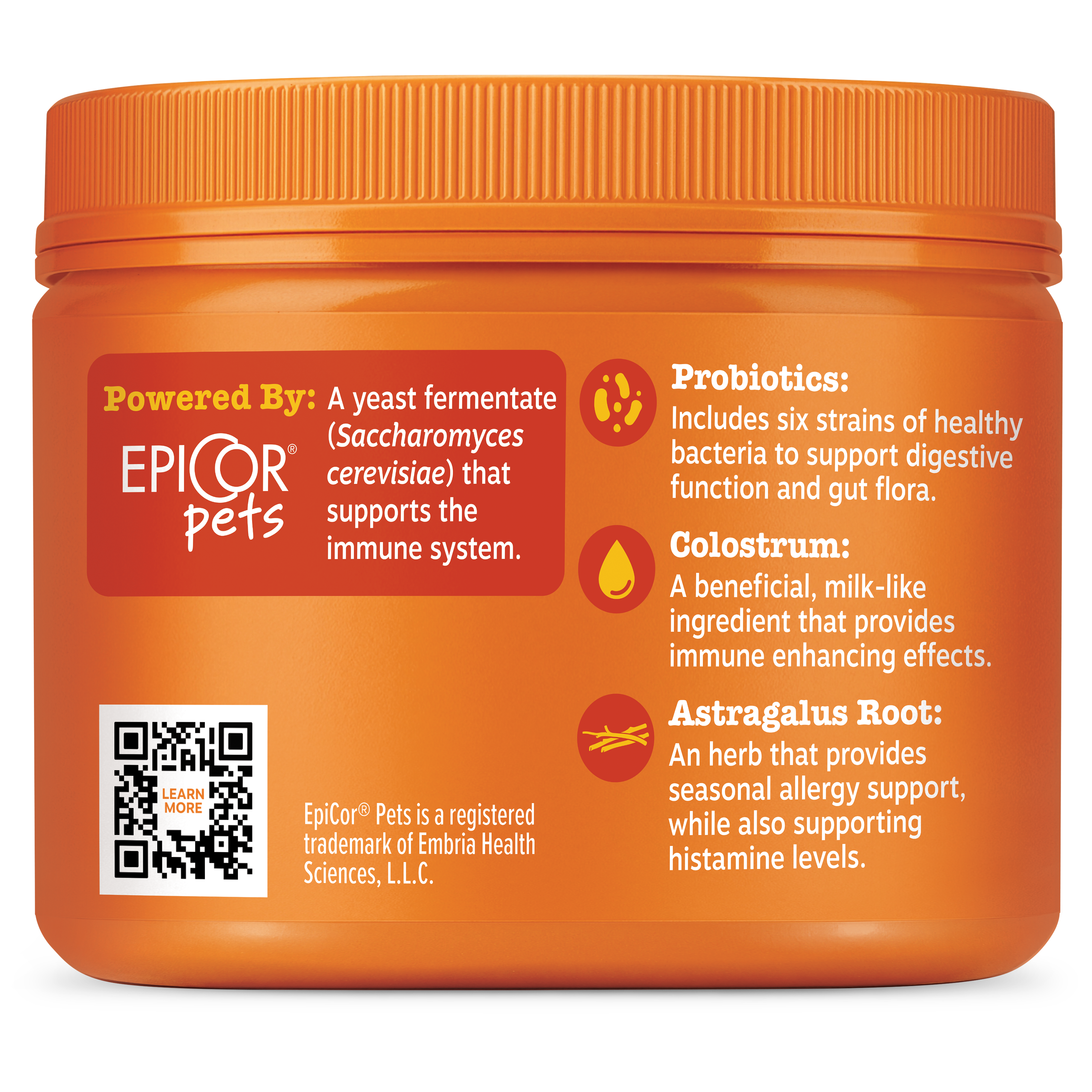 Orange jar with screw-top lid containing dog allergy and immune supplement with ingredient information printed on label.