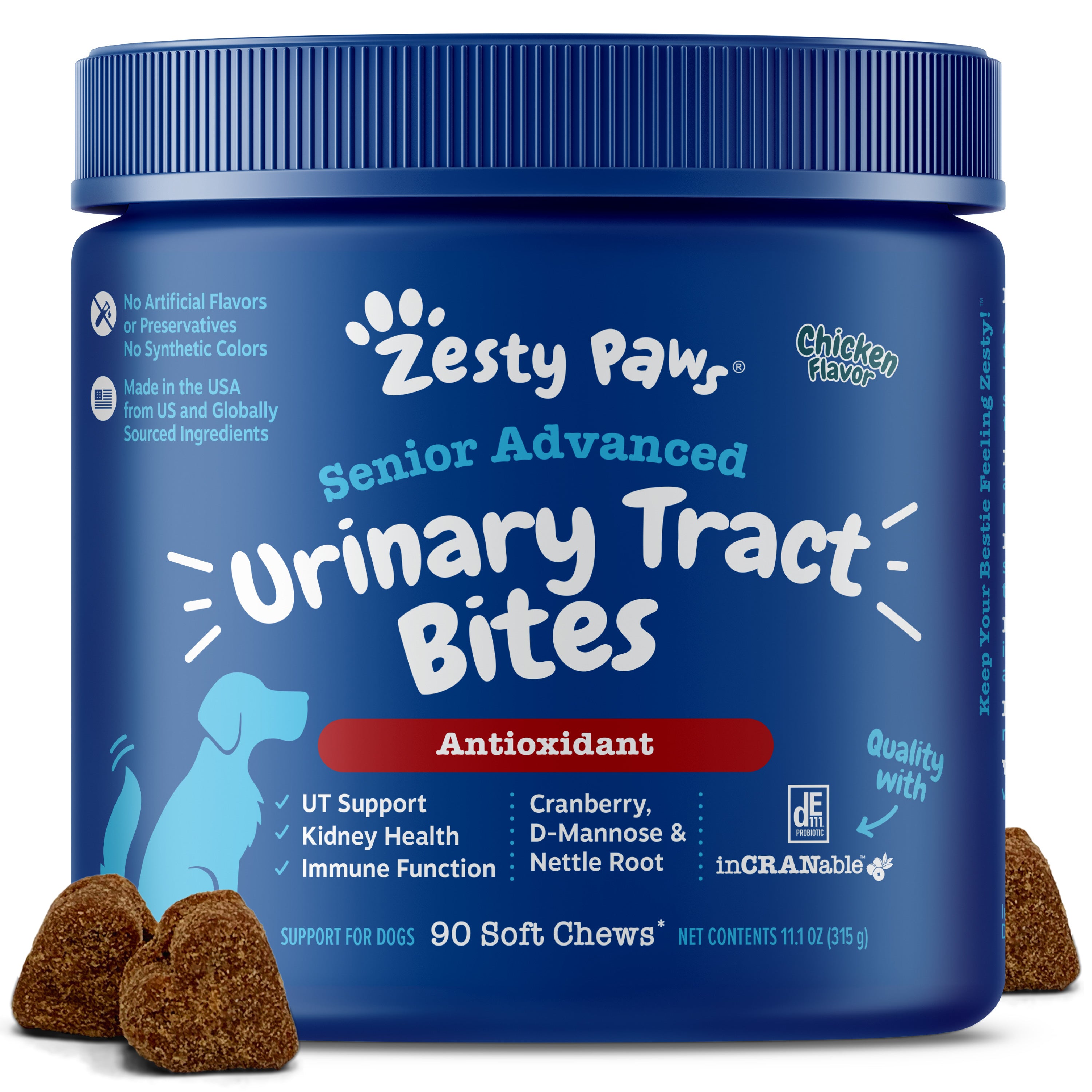 Blue jar of Zesty Paws Senior Advanced Urinary Tract Bites for dogs with brown soft chews displayed in front.
