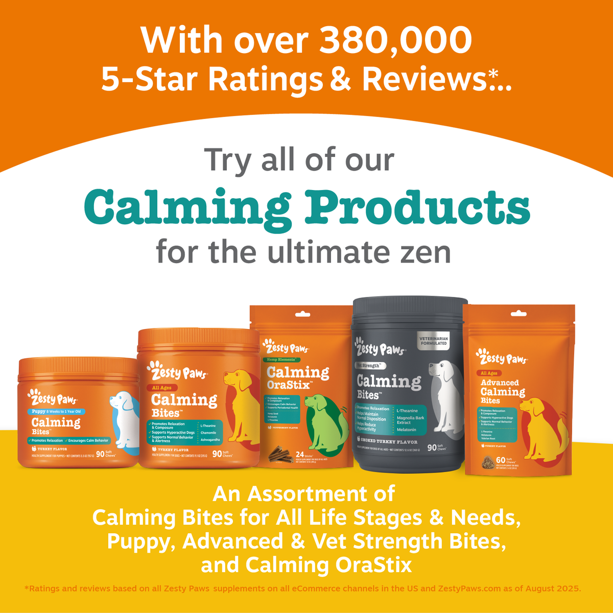 Five orange and one dark gray container of Zesty Paws dog calming treats in various sizes arranged in a row.