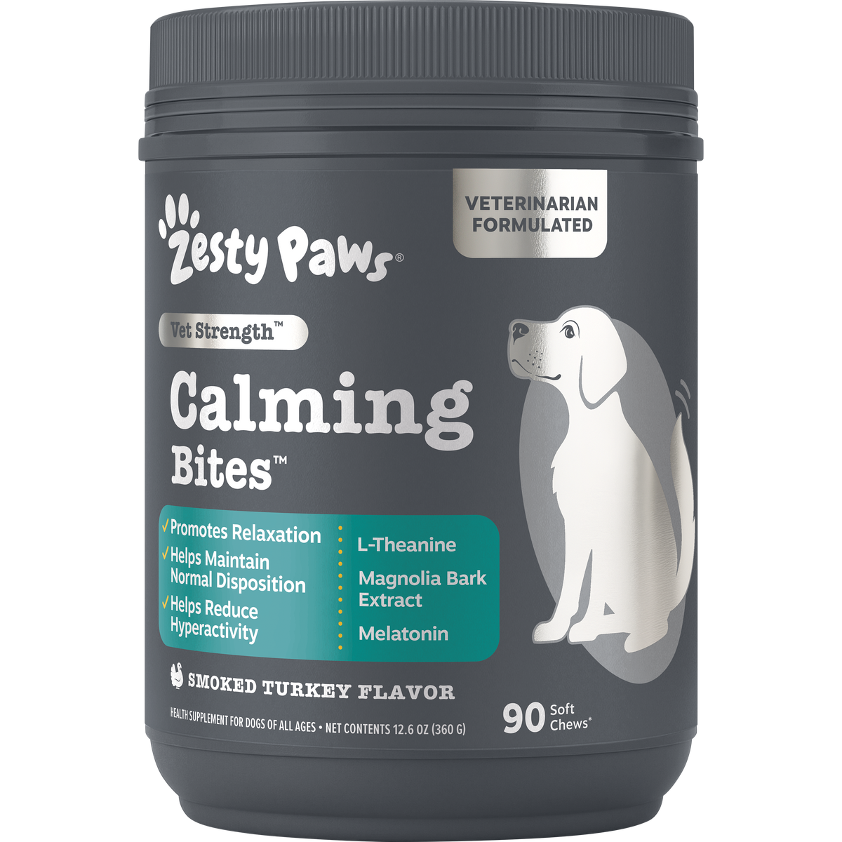 Dark gray jar of Zesty Paws Vet Strength Calming Bites containing 90 soft chews with smoked turkey flavor.