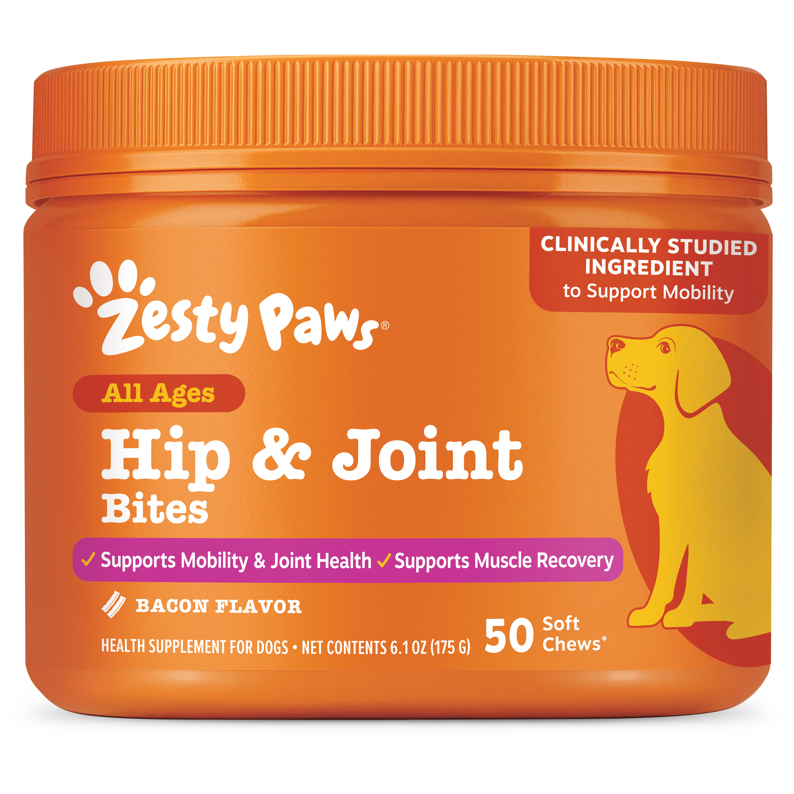 Orange plastic container of Zesty Paws Hip & Joint Bites for dogs with yellow dog illustration and bacon flavor label.
