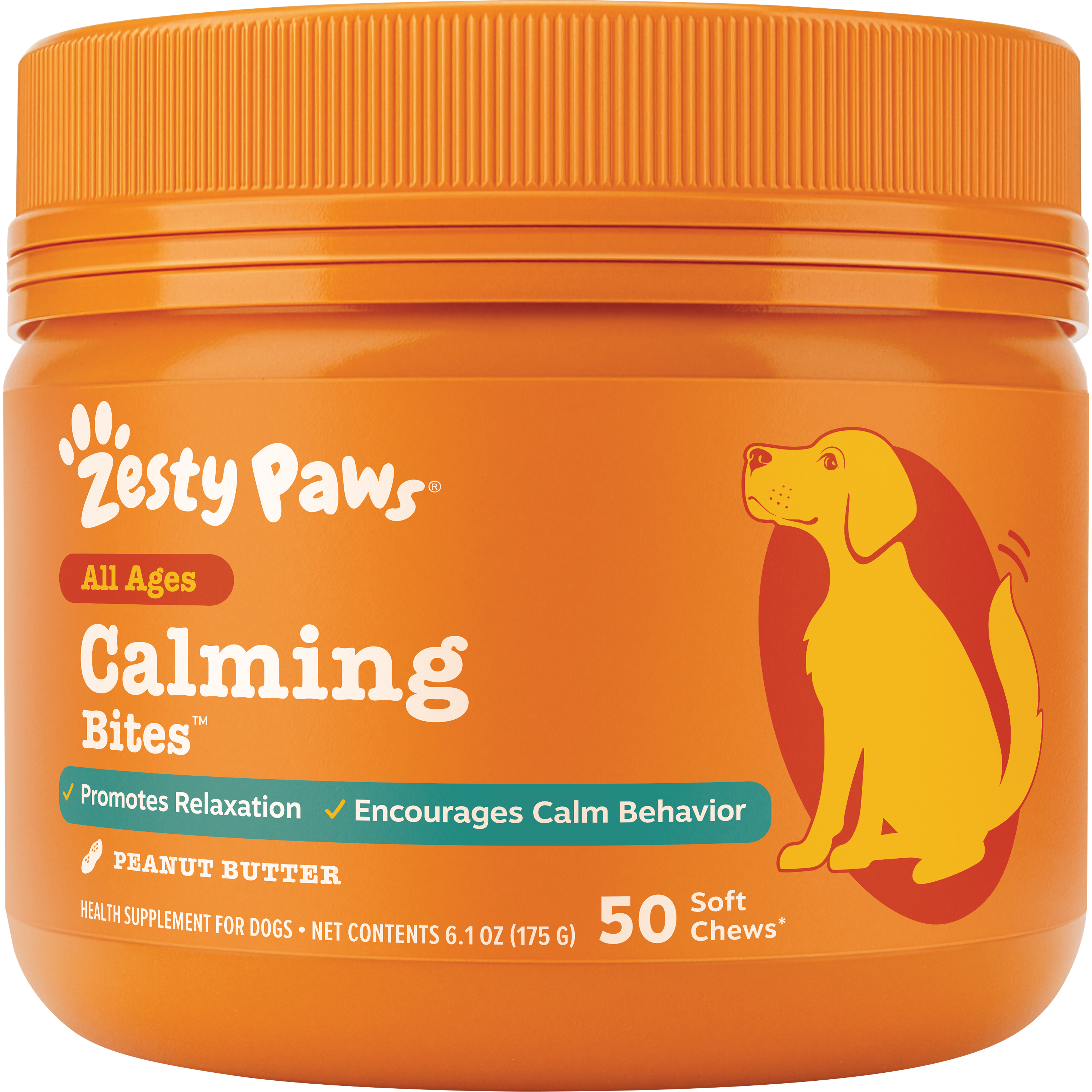 Orange jar of Zesty Paws Calming Bites dog treats with peanut butter flavor, 50 soft chews, 6.1 oz.