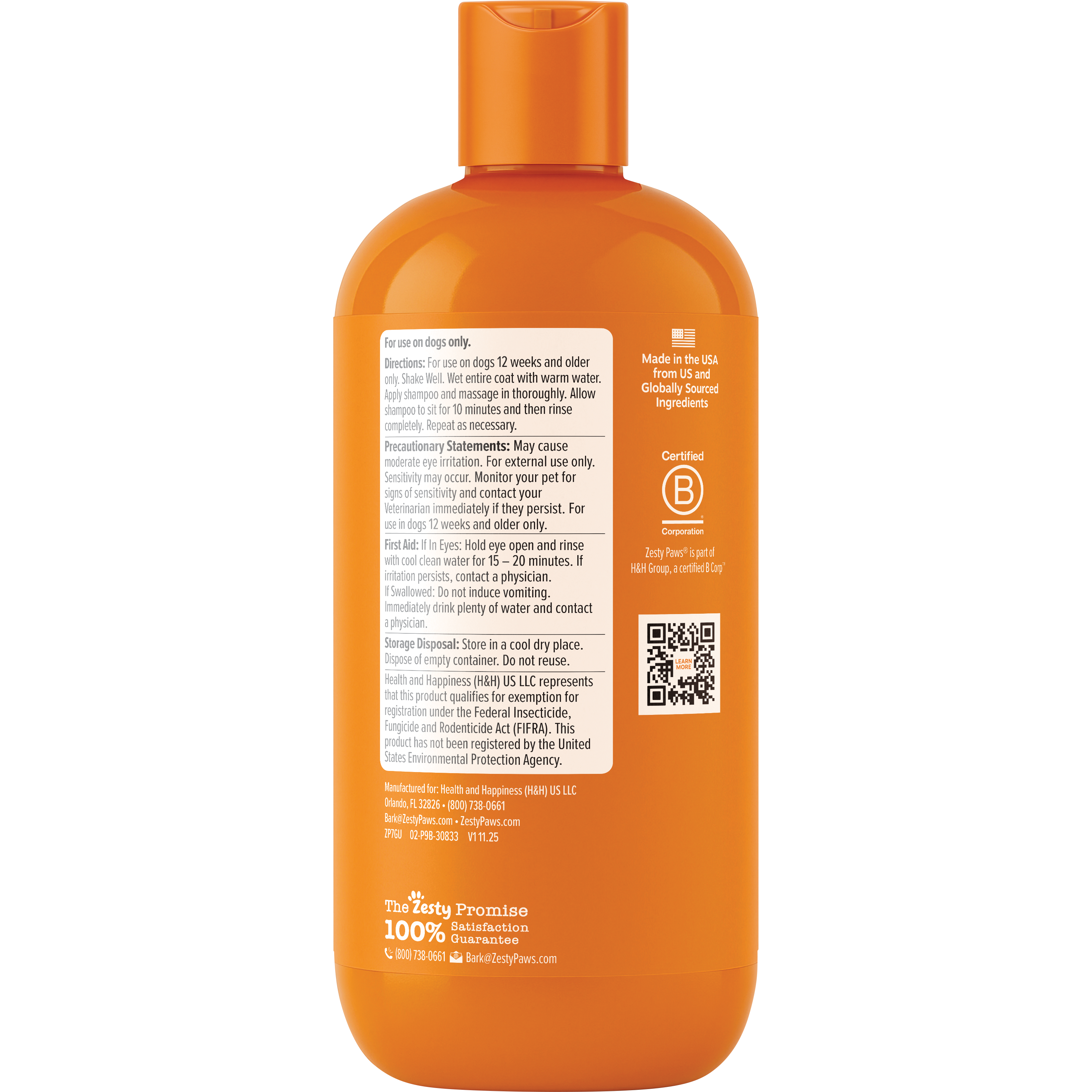 Orange plastic bottle of flea and tick shampoo with orange cap and white label containing usage instructions.
