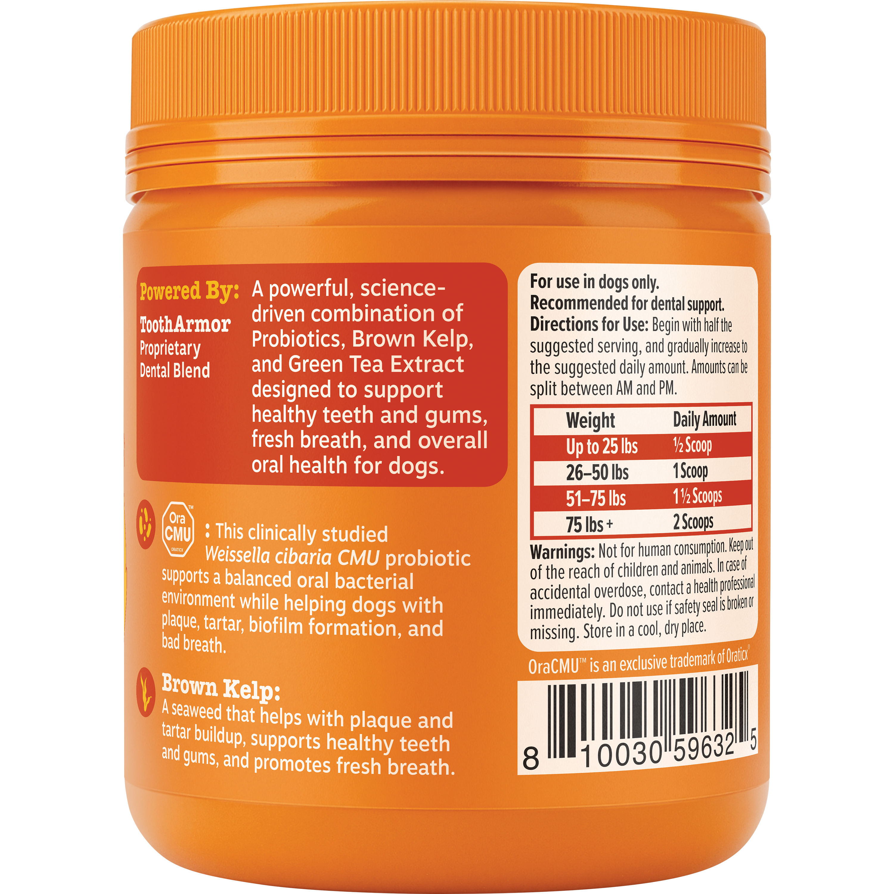 Orange jar with ribbed cap containing dental probiotic powder for dogs, labeled with ingredients and dosage instructions.
