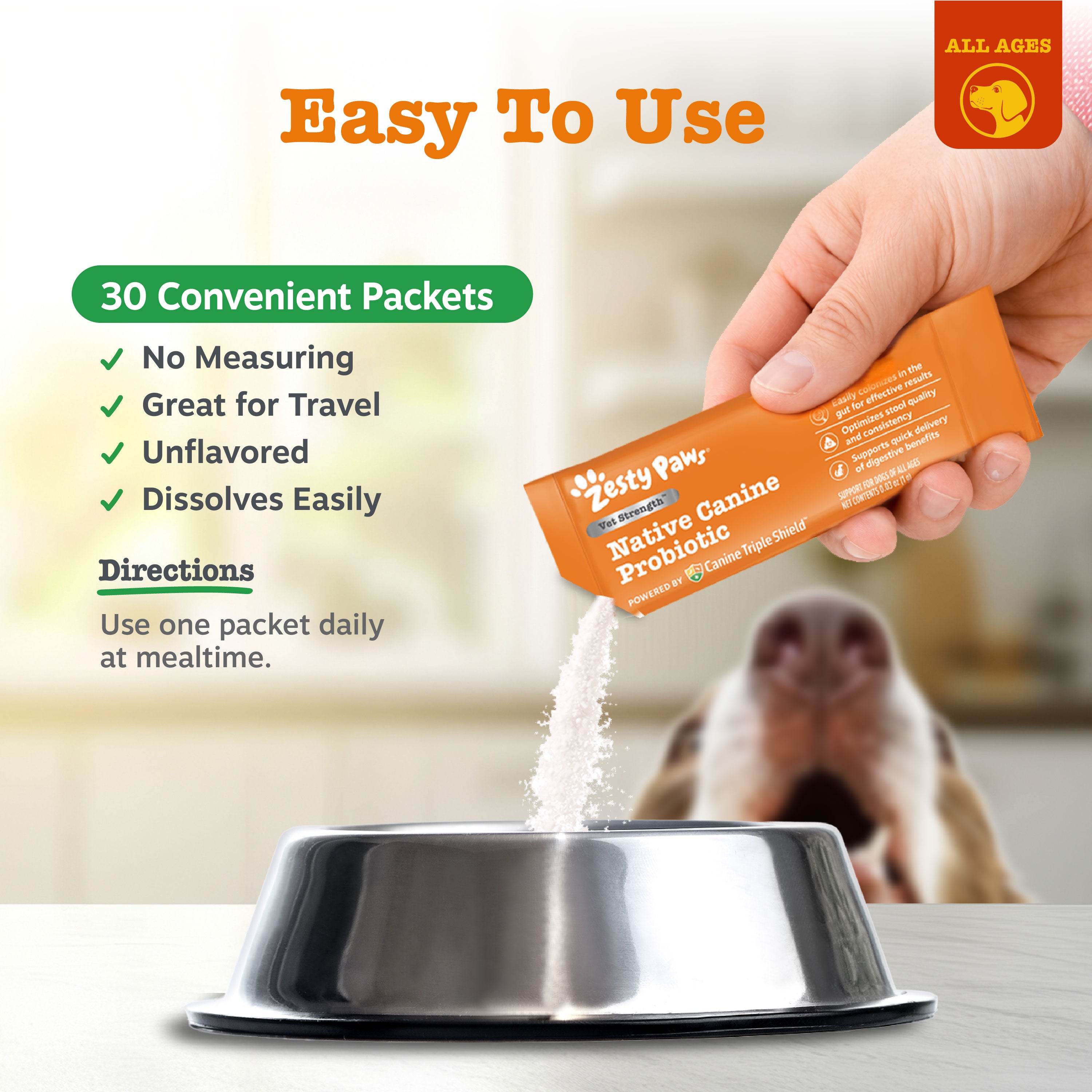 Zesty Paws Native Canine Probiotic packets being poured into a dog bowl with a dog in the background.