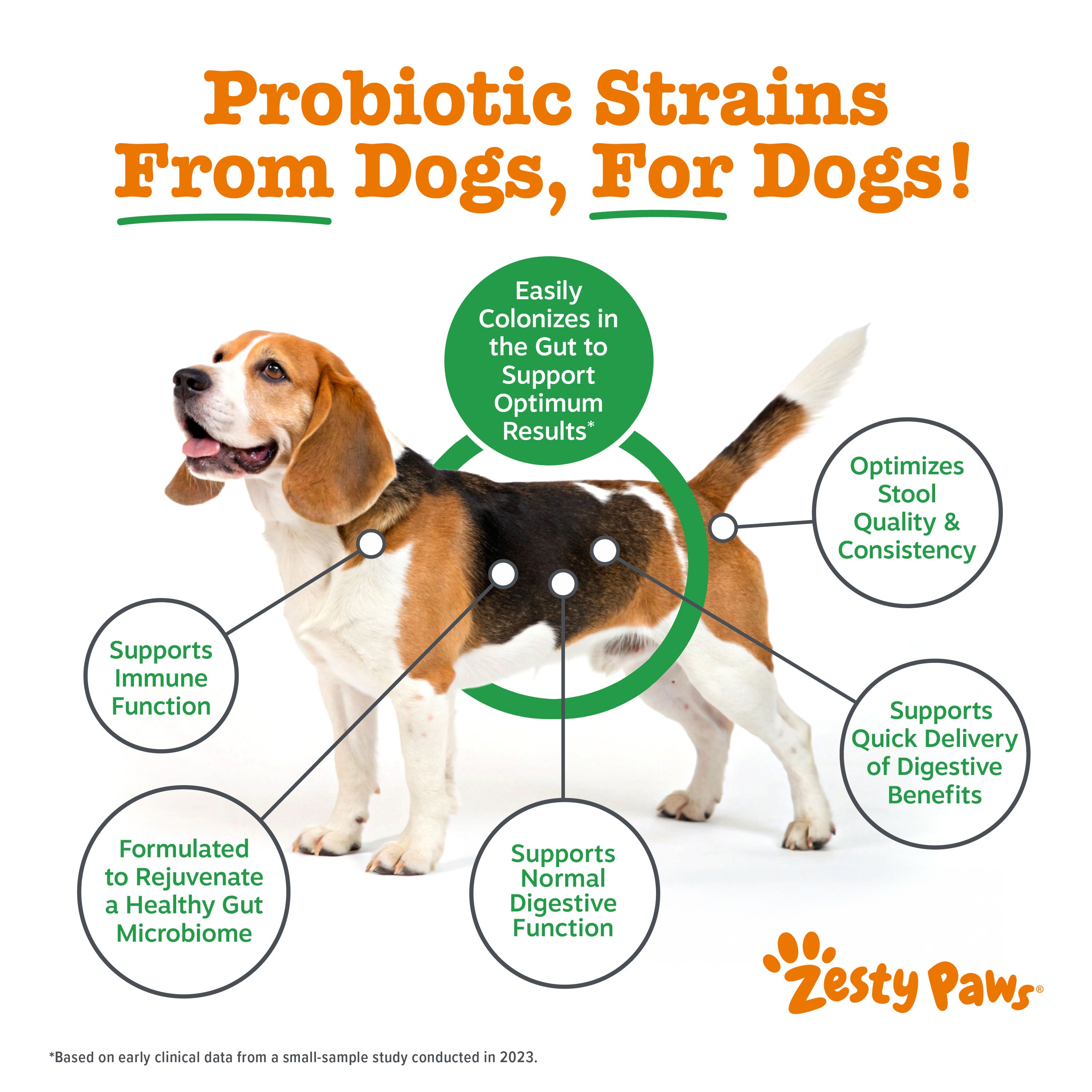 Zesty Paws product advertisement with a dog and text about probiotic strains for dogs.