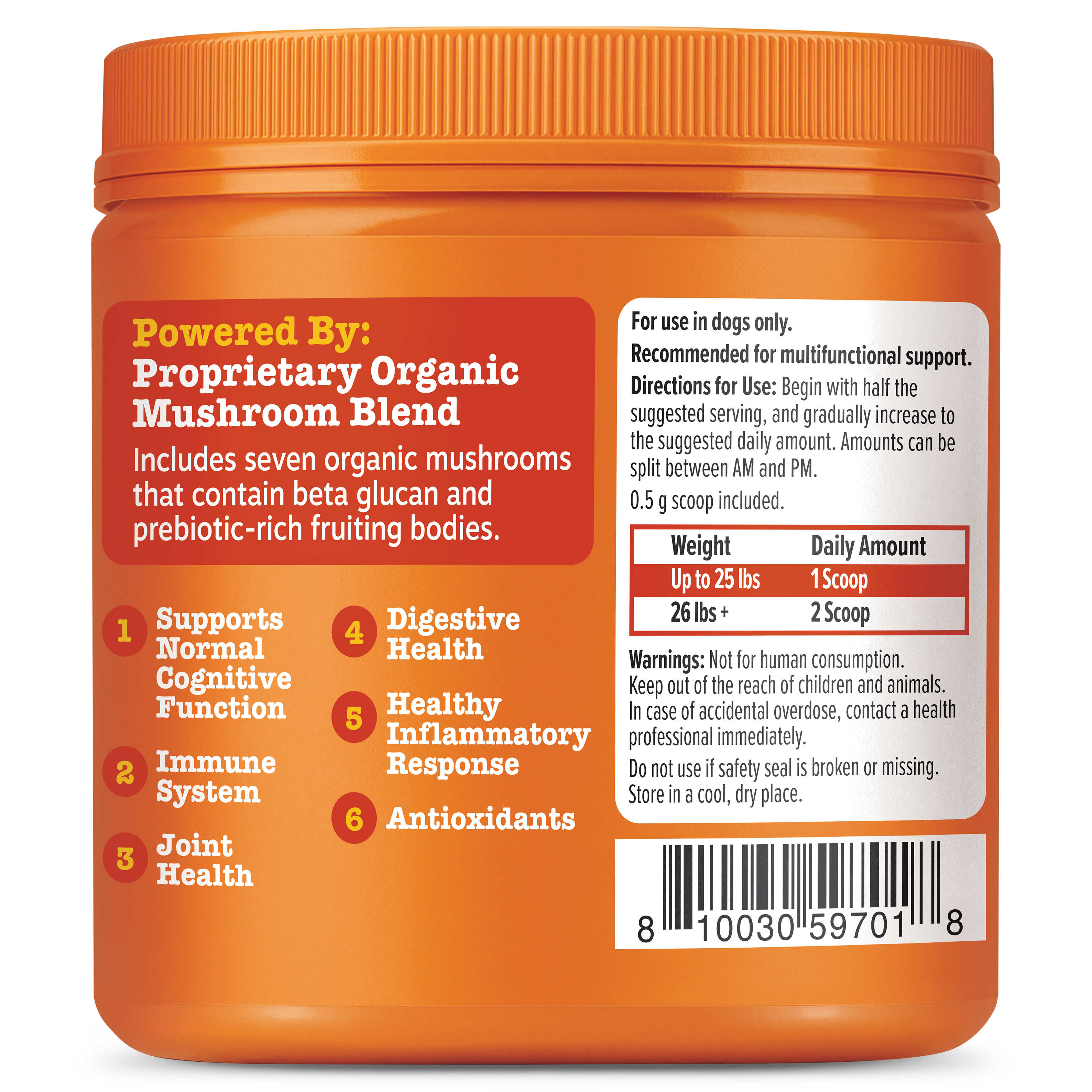 Orange jar of mushroom powder supplement for dogs with red and white label showing ingredient blend, usage directions, and do