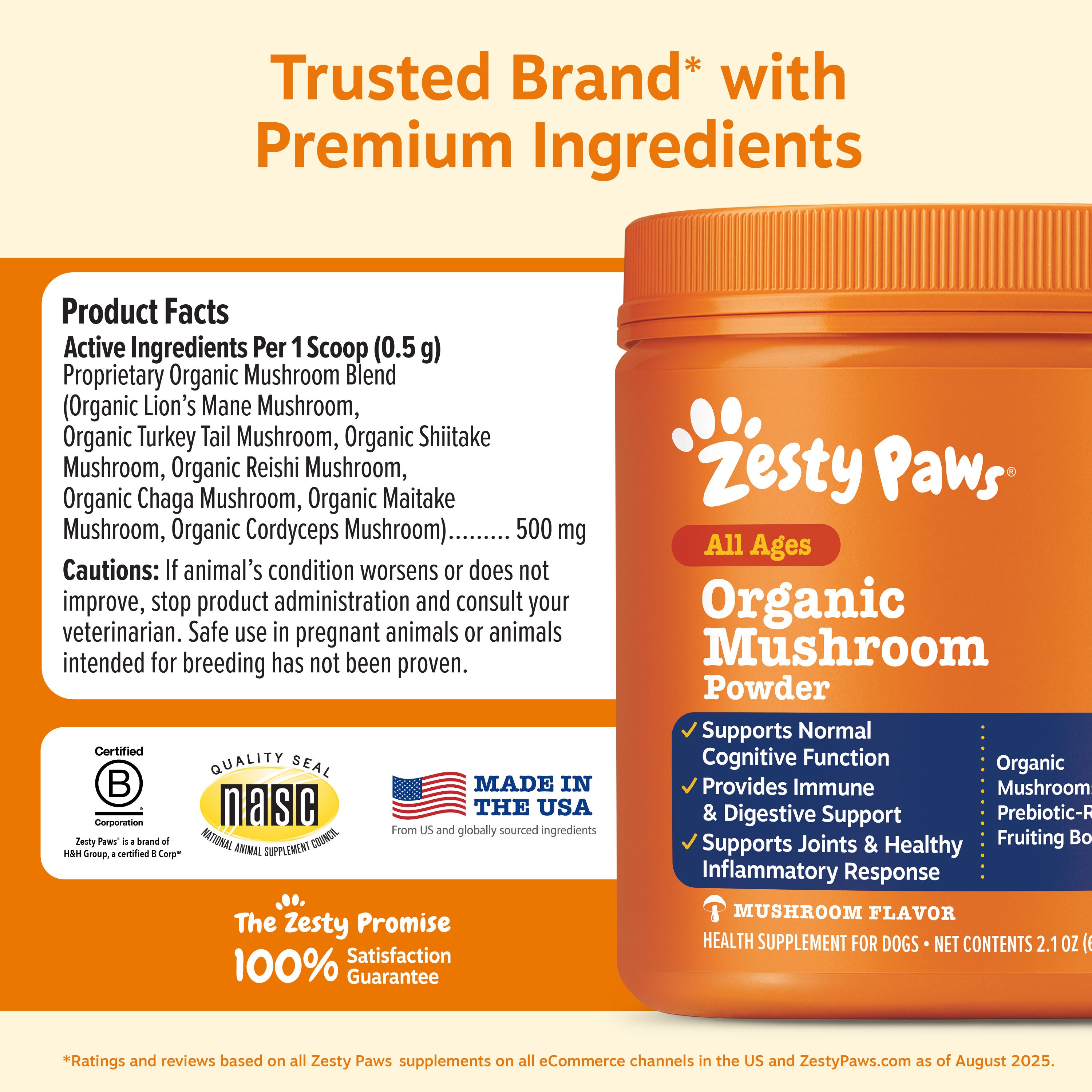 Zesty Paws Organic Mushroom Powder for dogs in orange container with product facts and ingredient information displayed.