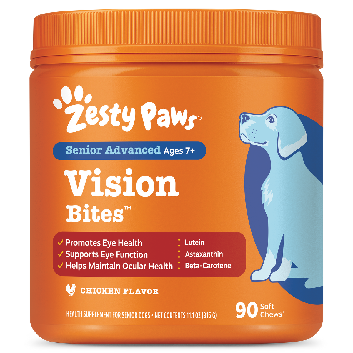 Orange jar of Zesty Paws Senior Advanced Vision Bites for dogs with white paw logo, blue dog illustration, and text listing i