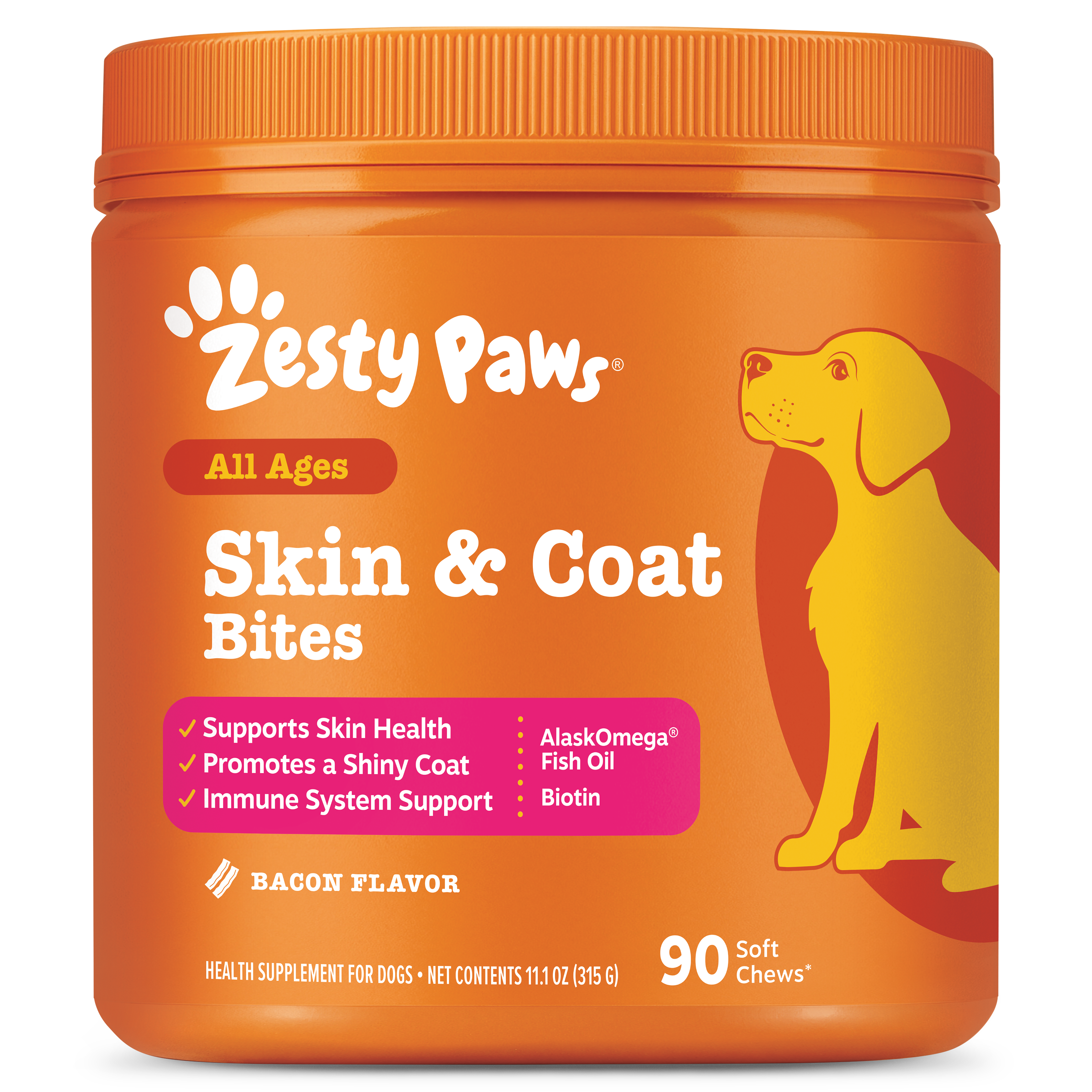Orange Zesty Paws Skin & Coat Bites jar with yellow dog illustration and bacon flavor label, 90 soft chews.