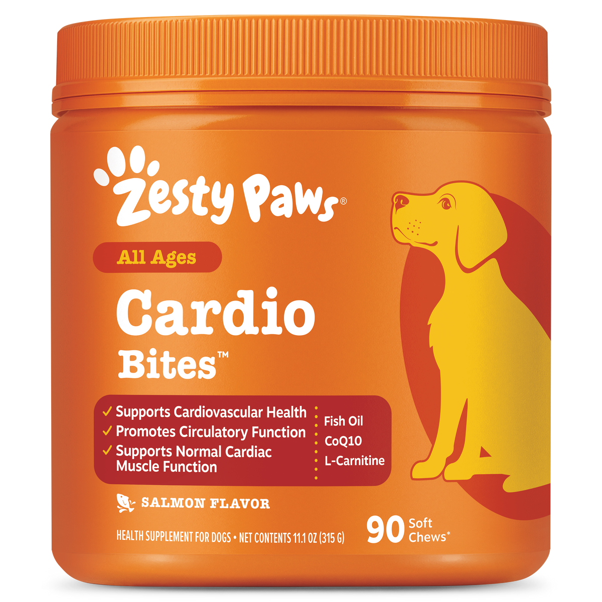 Orange Zesty Paws Cardio Bites jar with yellow dog illustration, 90 soft chews, salmon flavor dog supplement.
