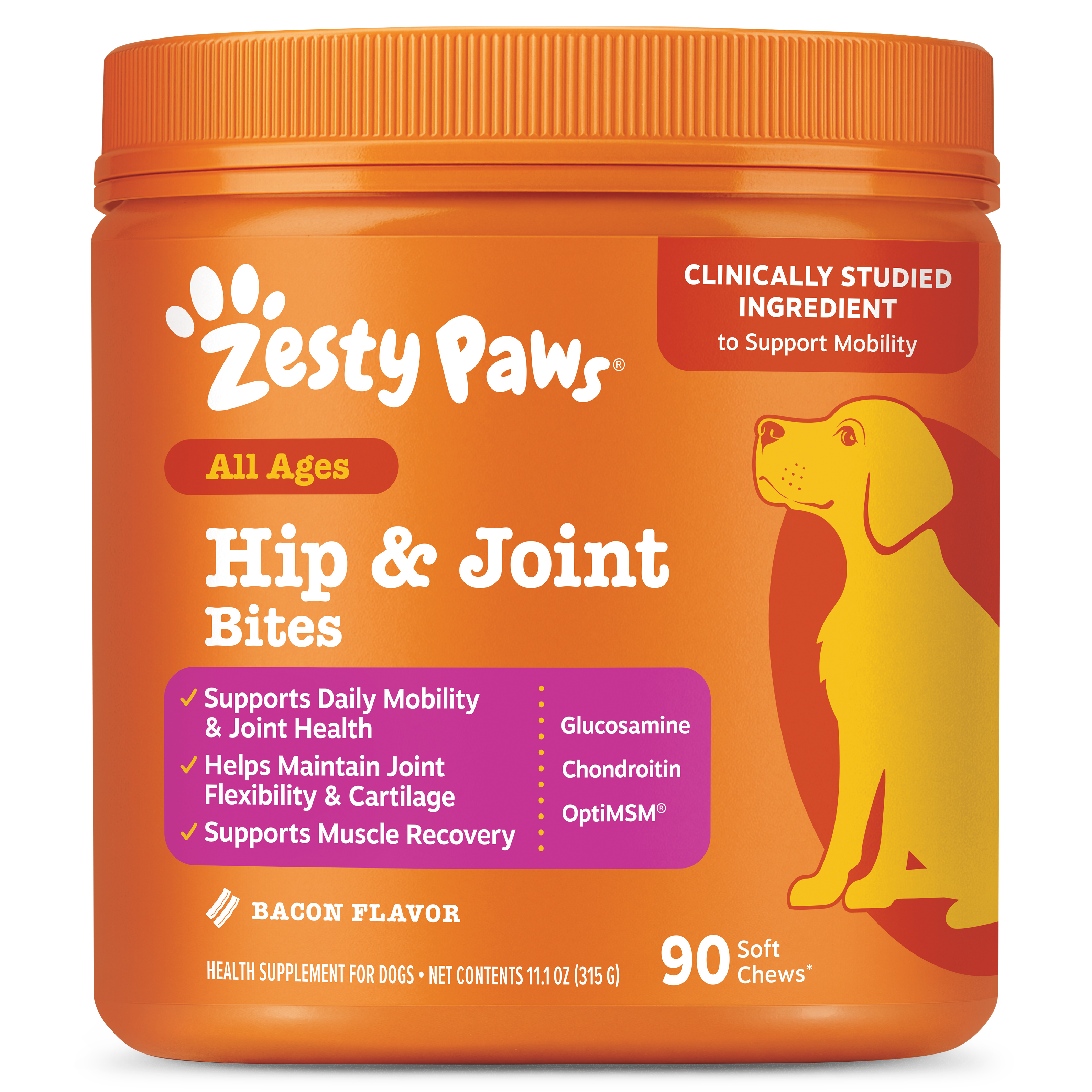 Orange jar of Zesty Paws Hip & Joint Bites dog supplement with yellow dog illustration and purple ingredient list panel.