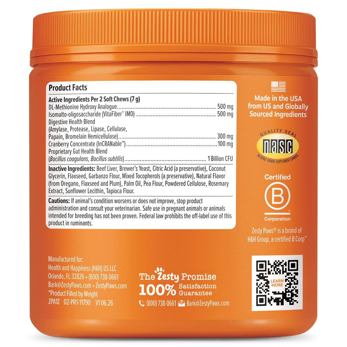 Orange jar of Stay Green Bites dog chews with white Product Facts label and orange branding.