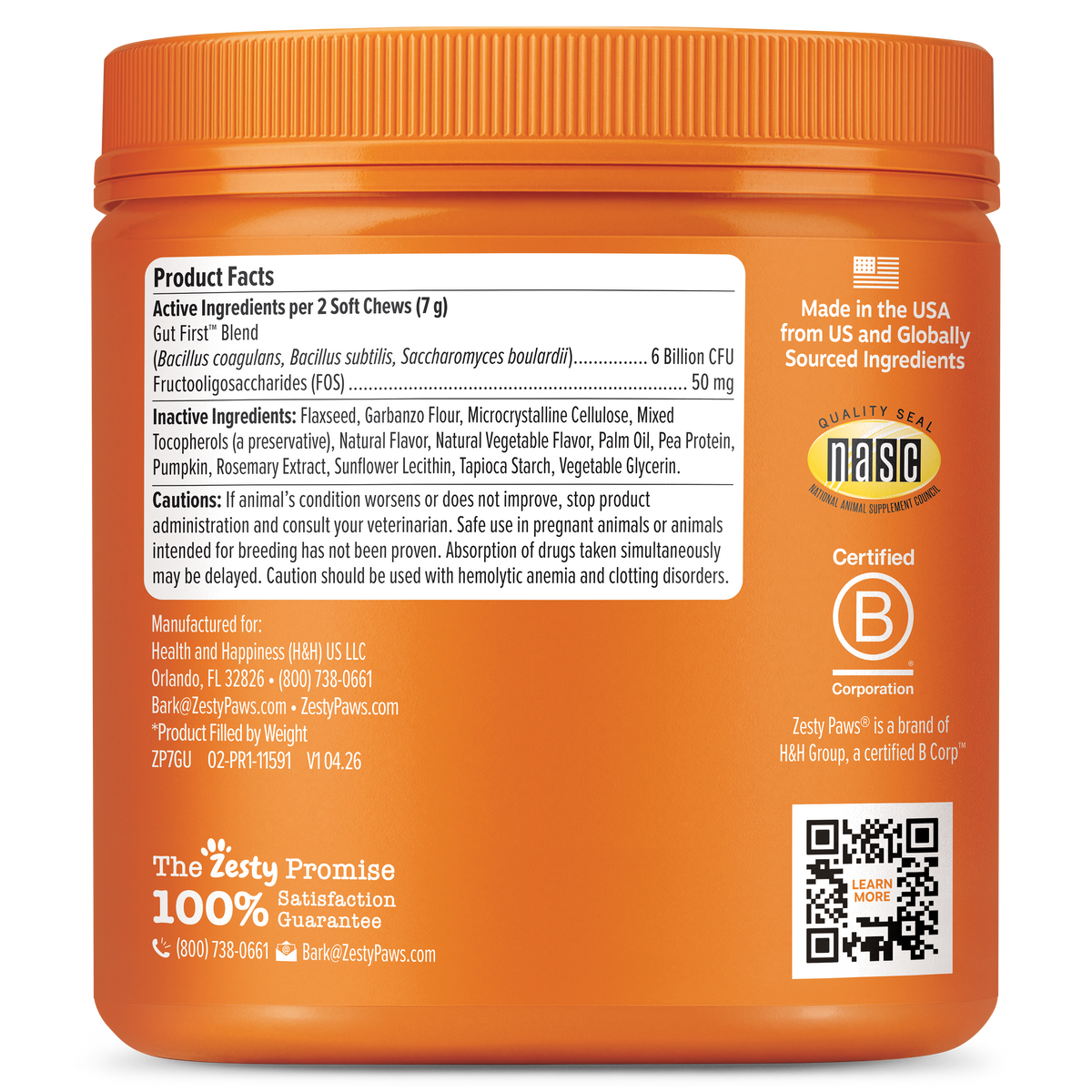 Orange plastic jar of probiotic dog bites with white product facts label and ingredient information.