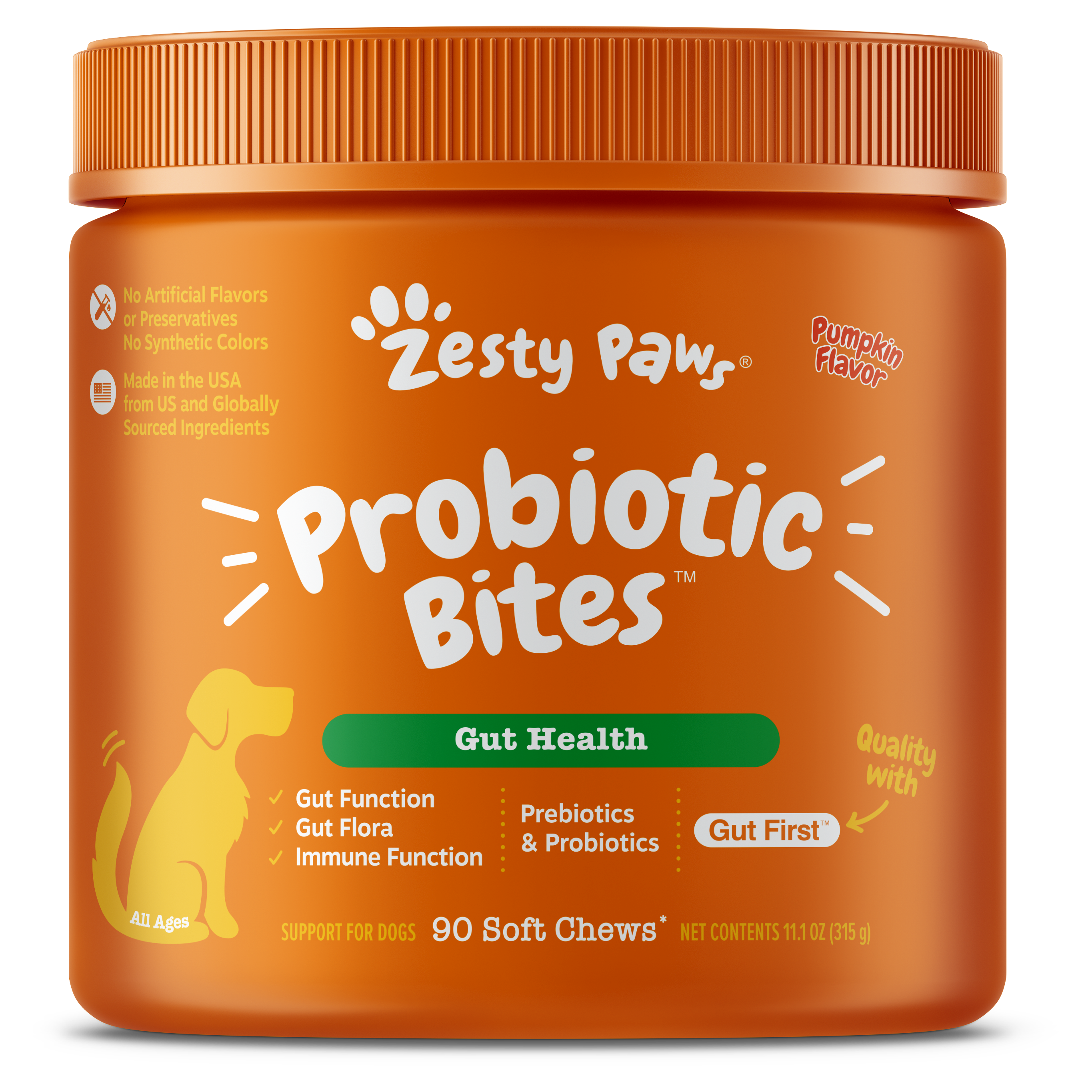 Zesty Paw orange jar of probiotic bites for dogs with pumpkin flavor, 90 soft chews, 11.1 oz.