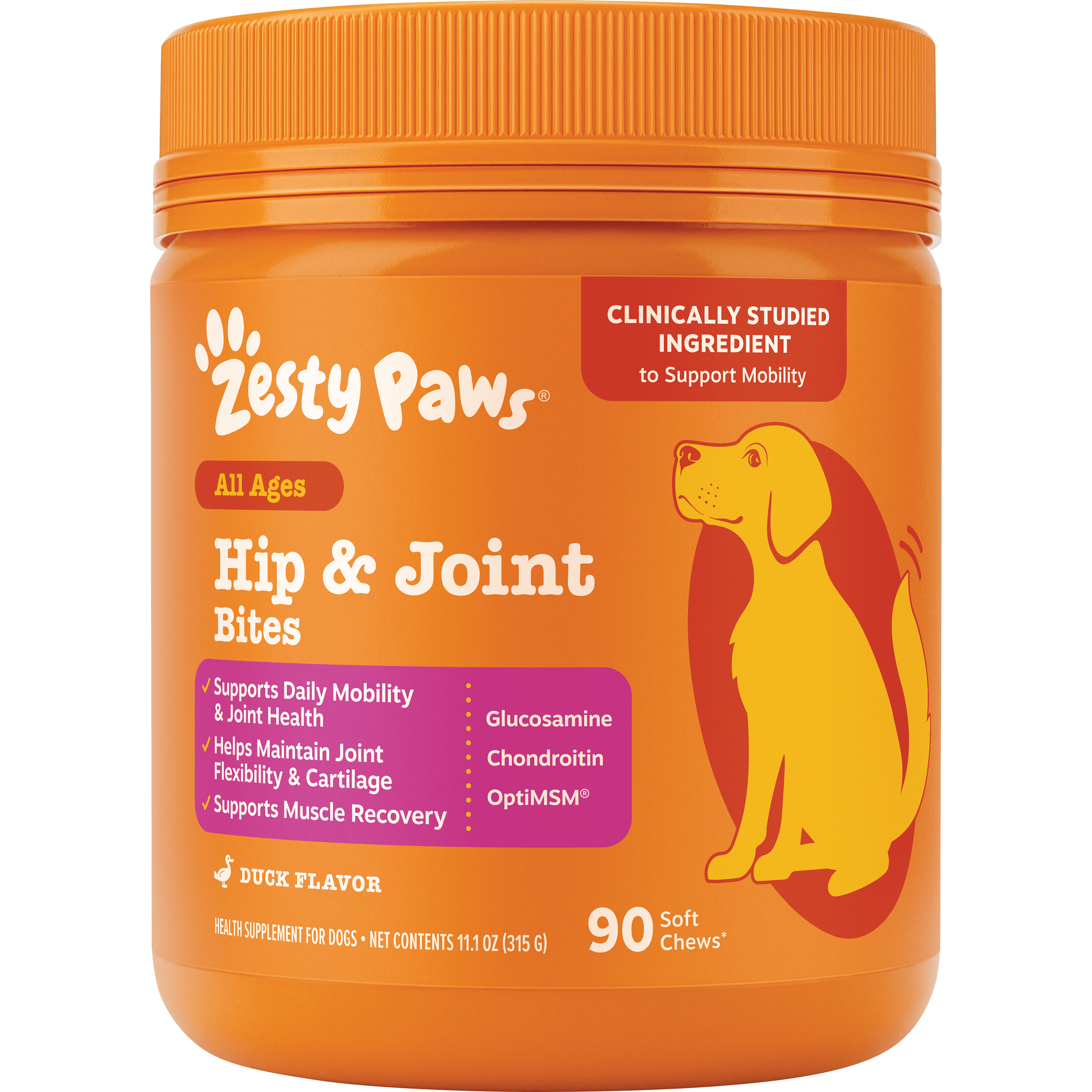 Orange bottle of Zesty Paws Hip & Joint Bites dog supplement with orange cap and yellow dog illustration on label.