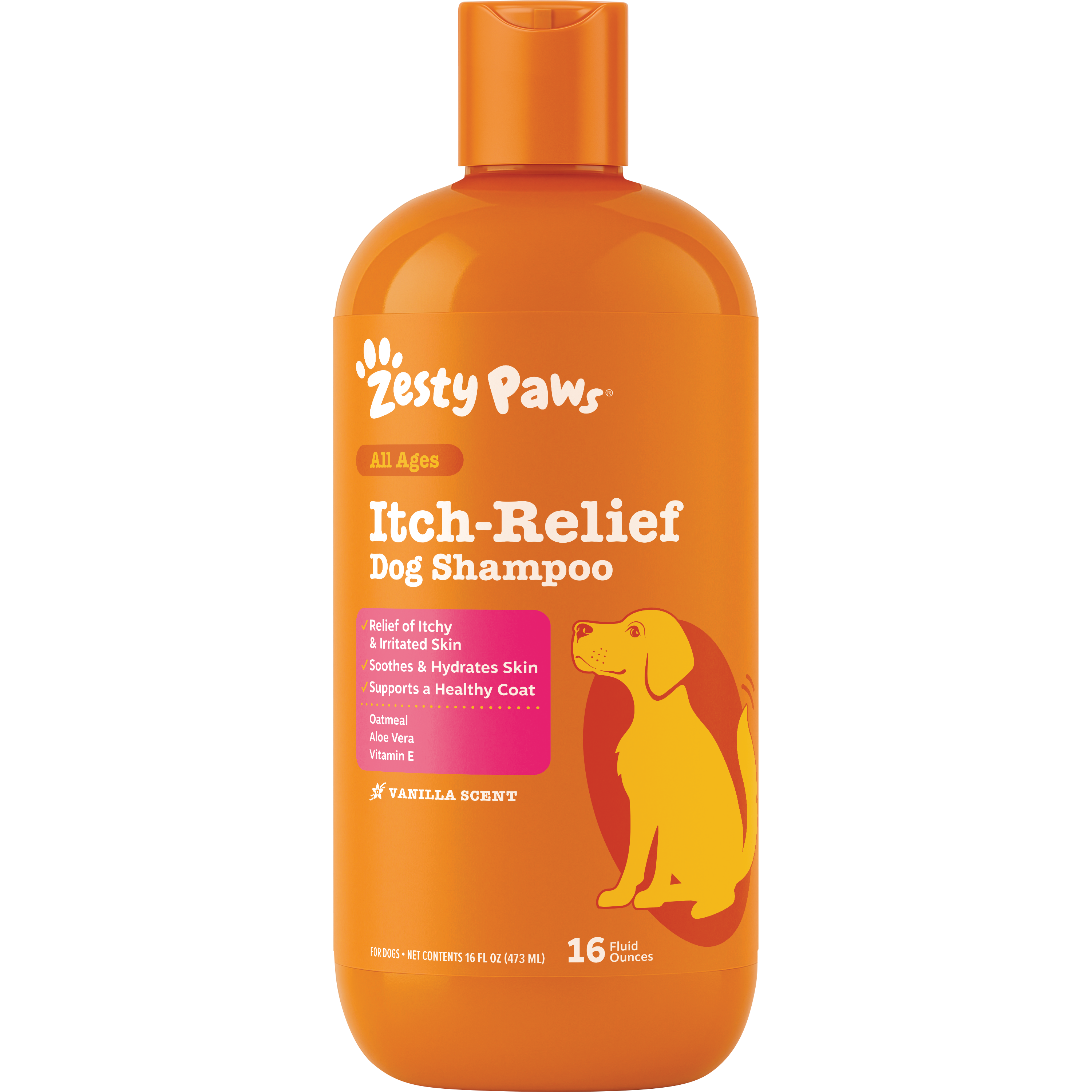 Orange plastic bottle of Zesty Paws Itch-Relief Dog Shampoo with white text, pink panel, and yellow dog illustration, 16 fl o