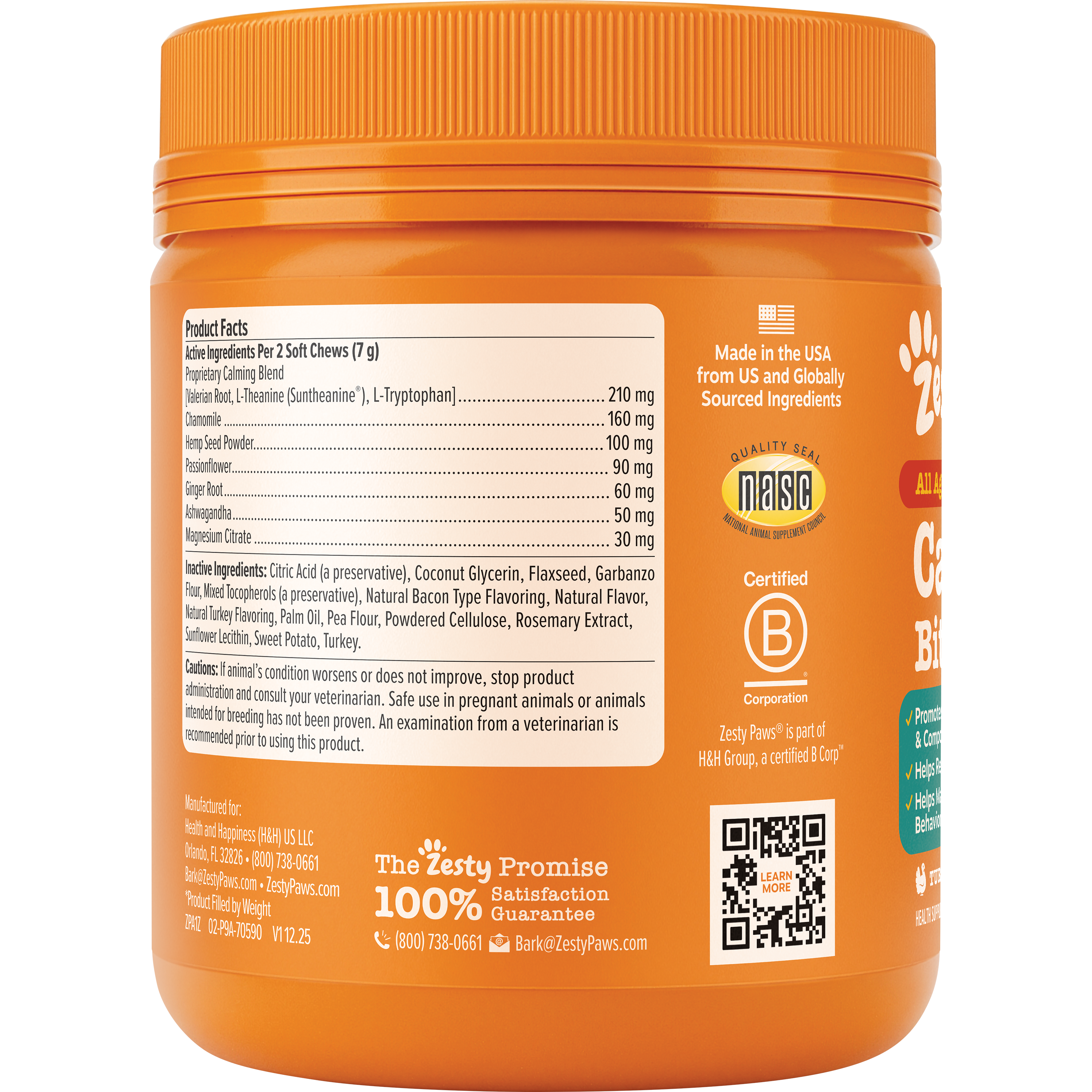 Orange jar with ribbed cap containing dog calming treats, showing product facts label and ingredients list on front.