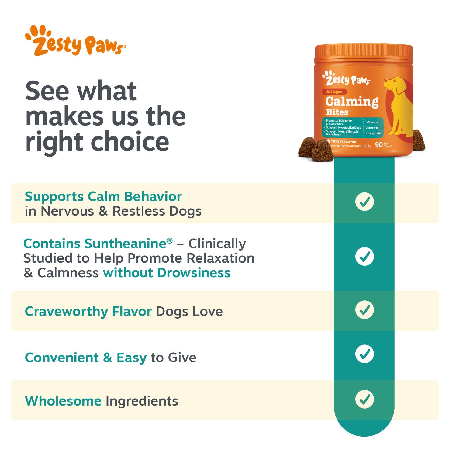Orange Zesty Paws Calming Bites container with brown treats displayed beside product benefits checklist.