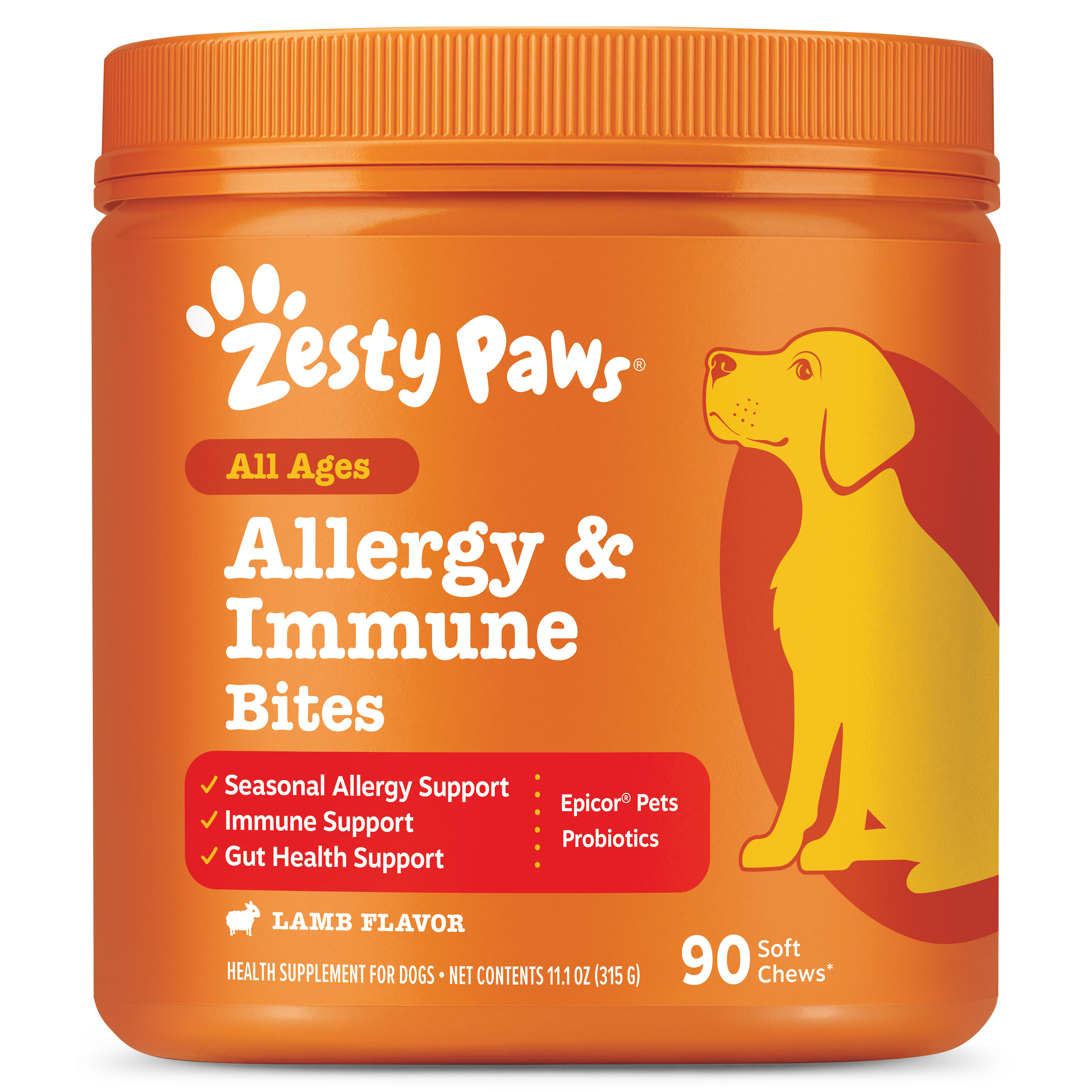 Orange container of Zesty Paws Allergy & Immune Bites dog supplement with yellow dog illustration and product details on labe