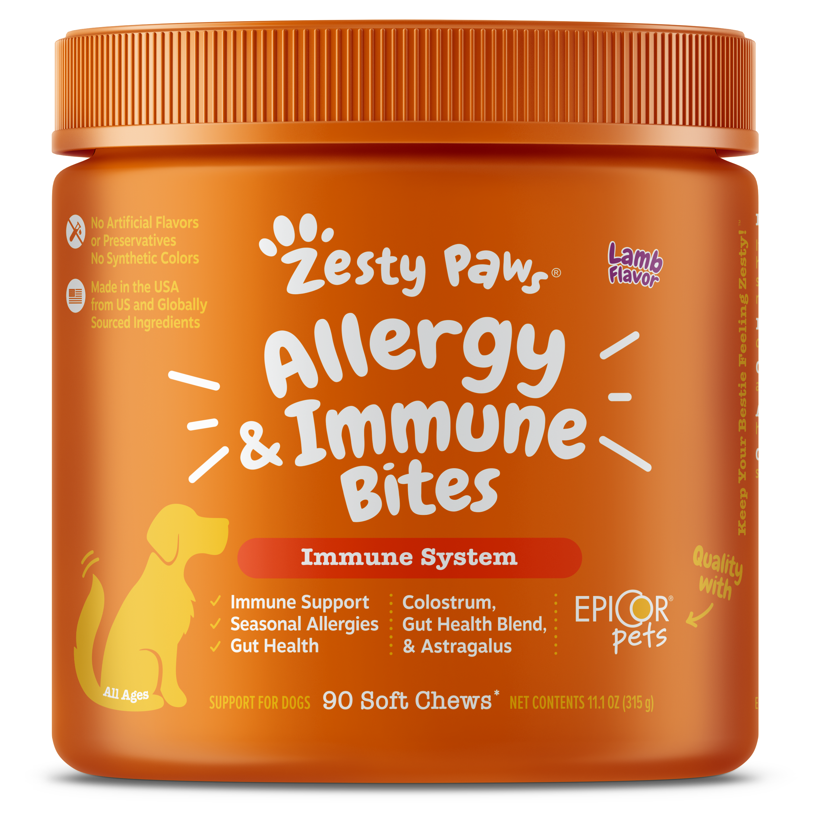 Orange jar of Zesty Paws Allergy & Immune Bites for dogs on a transparent background
