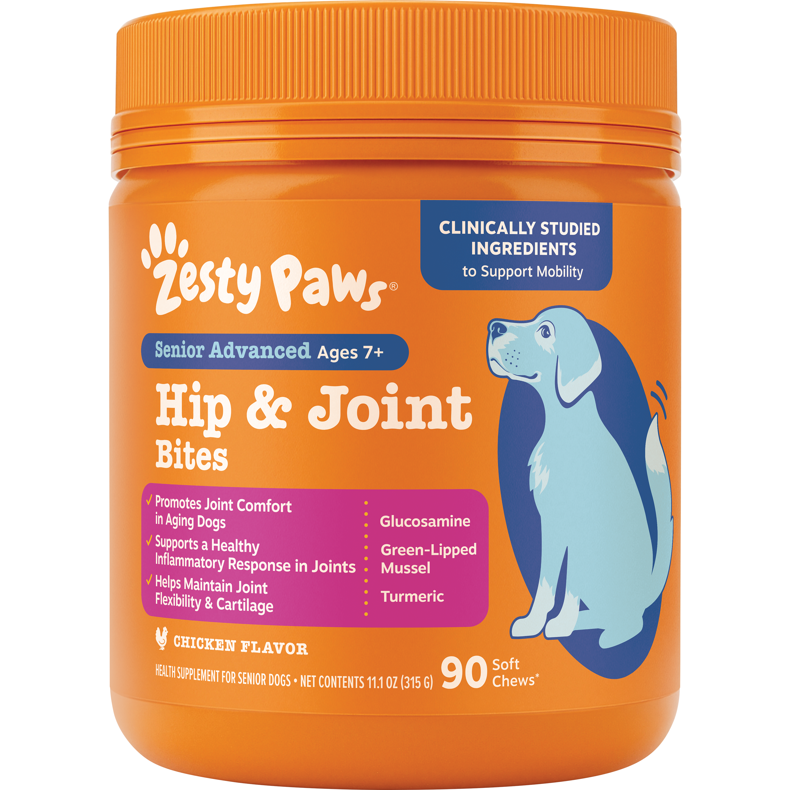 Orange Zesty Paws jar of Senior Advanced Hip & Joint Bites for dogs ages 7+, 90 soft chews with chicken flavor.